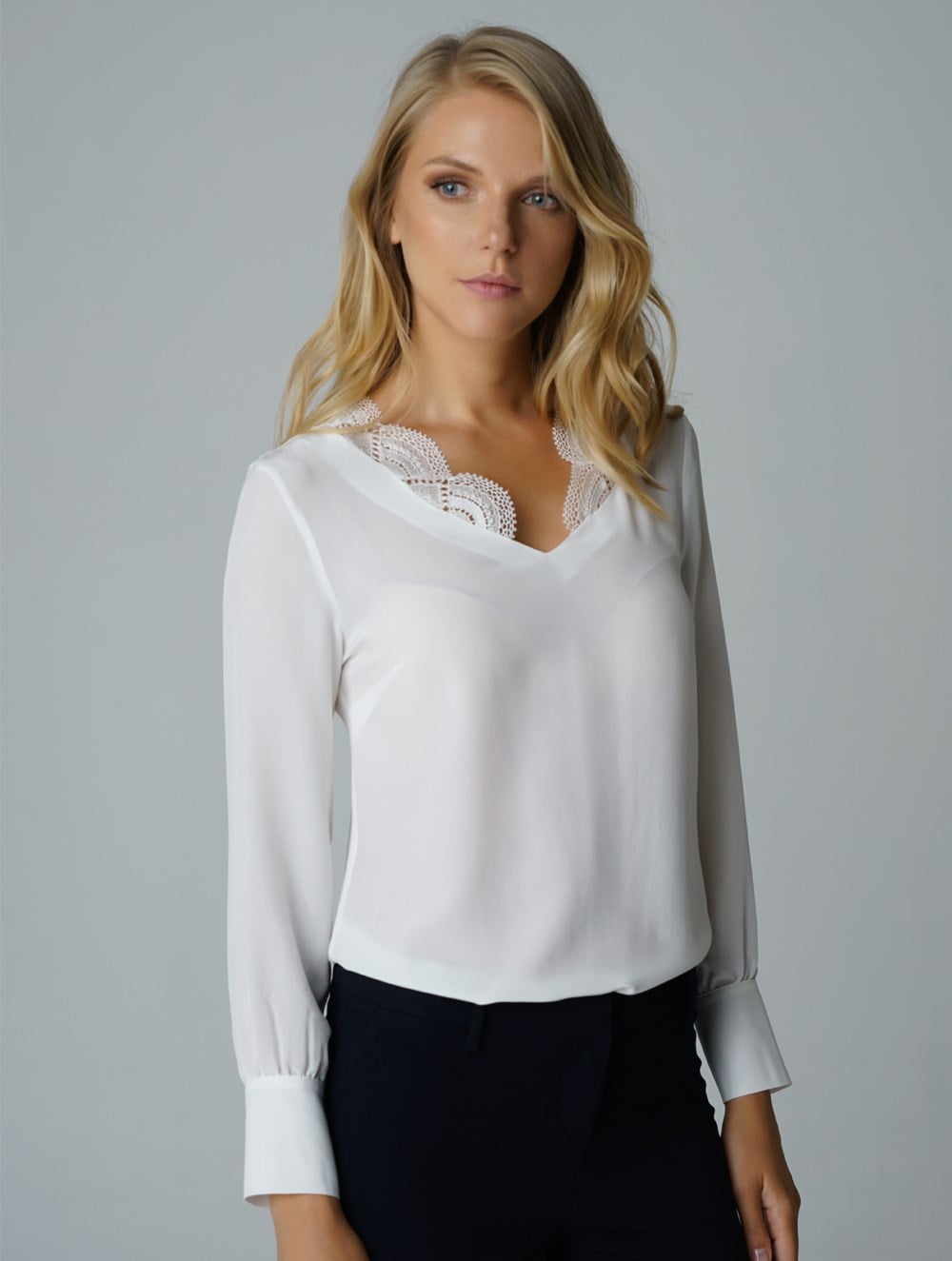 Lace Collar Silk Blouse in White Colour