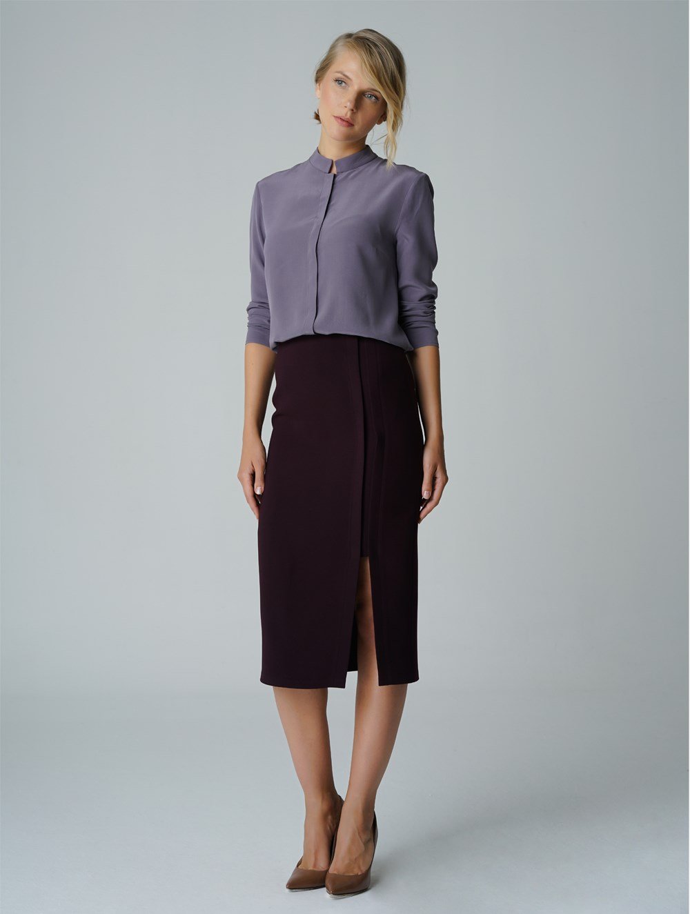 Mandarin Collar Silk Shirt in Lilac Colour