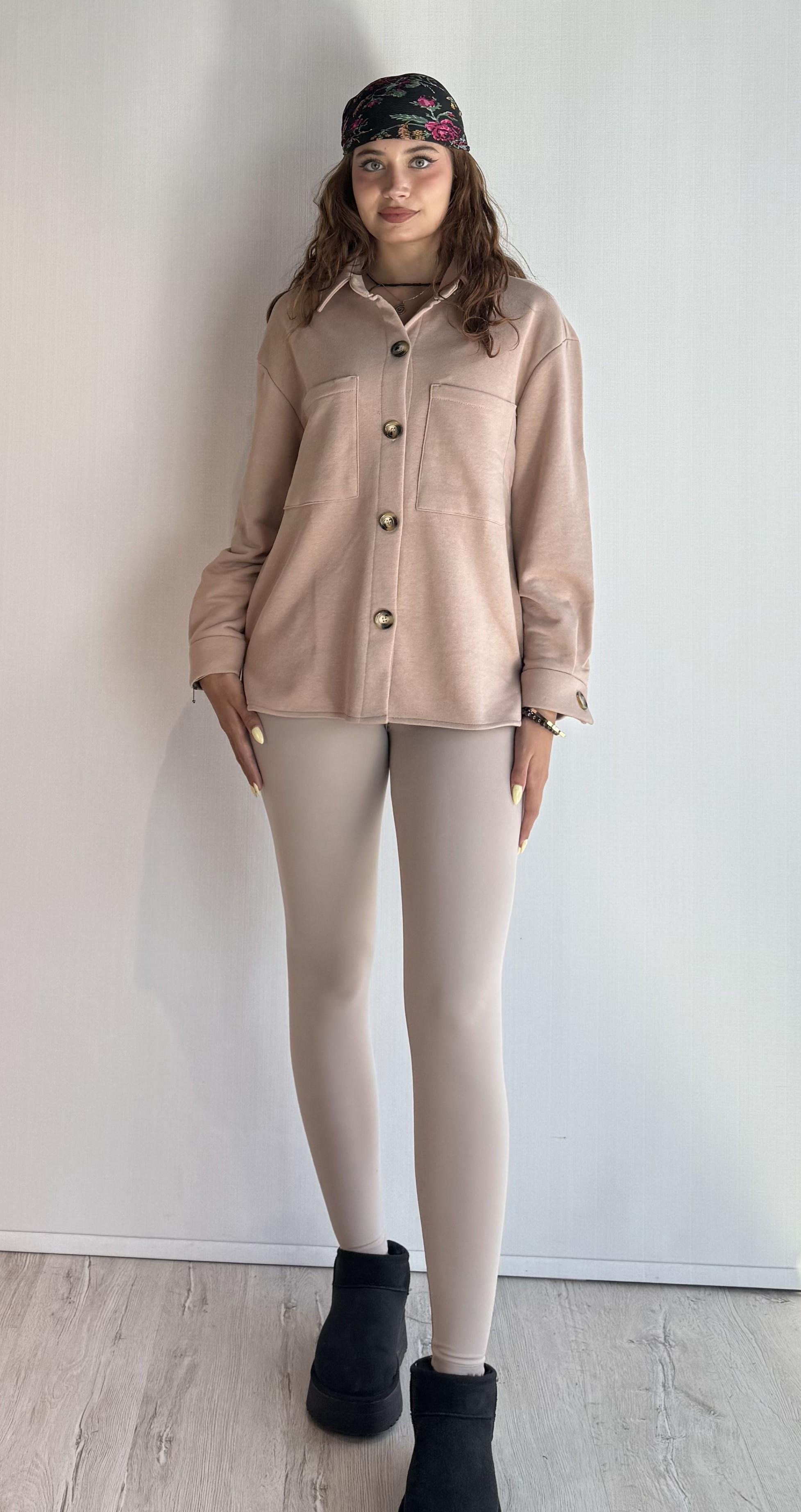 Kadın Düğme Detaylı Polarlı Kalın Uzun Kollu Bej Gömlek-Gömlek -Tf The Fancy For You-8100-3-Kadın Düğme Detaylı Polarlı Kalın Uzun Kollu Bej Gömlek