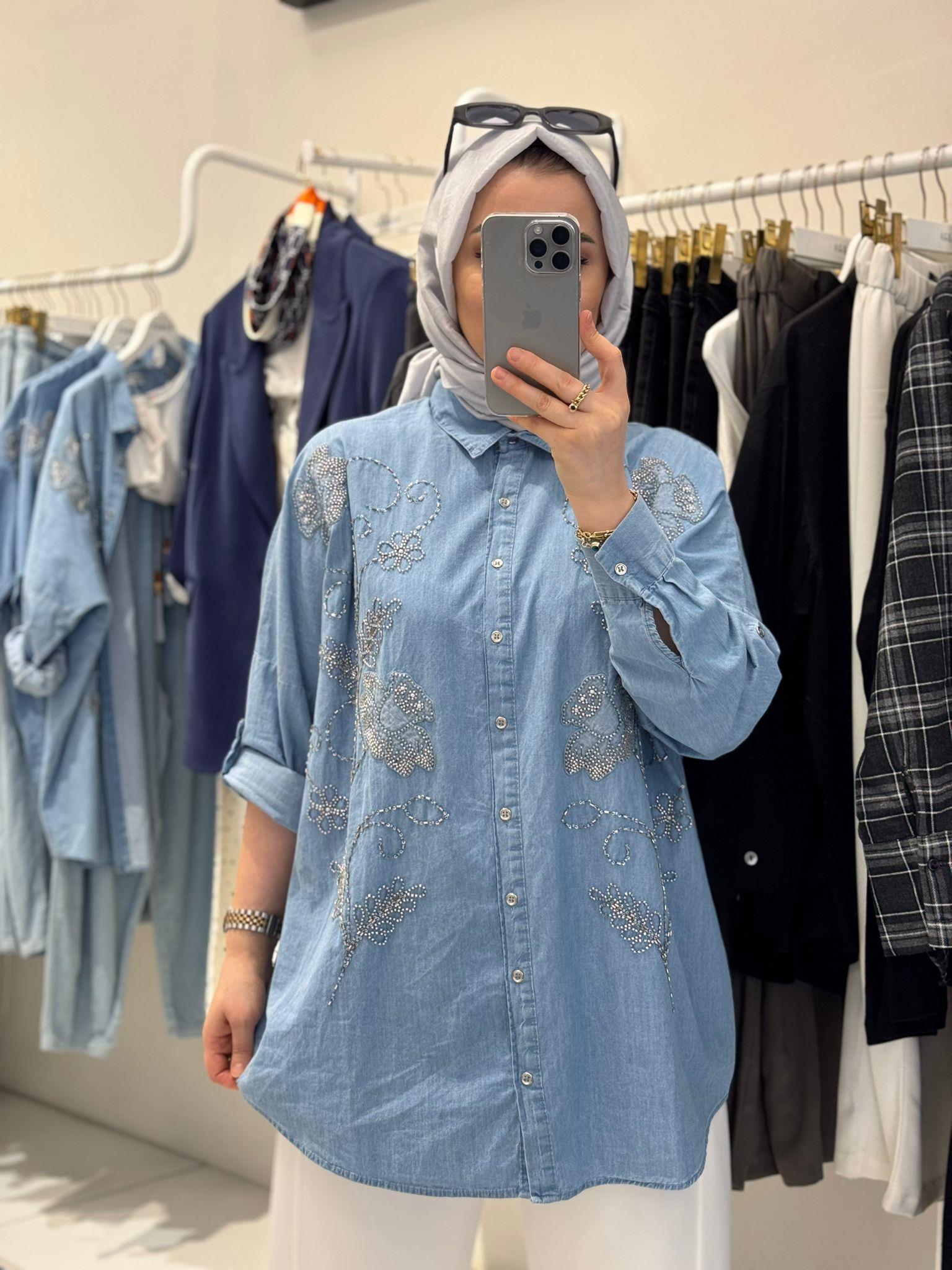 GömlekNAKIŞ İŞLEMELİ TENSEL KOT GÖMLEK 