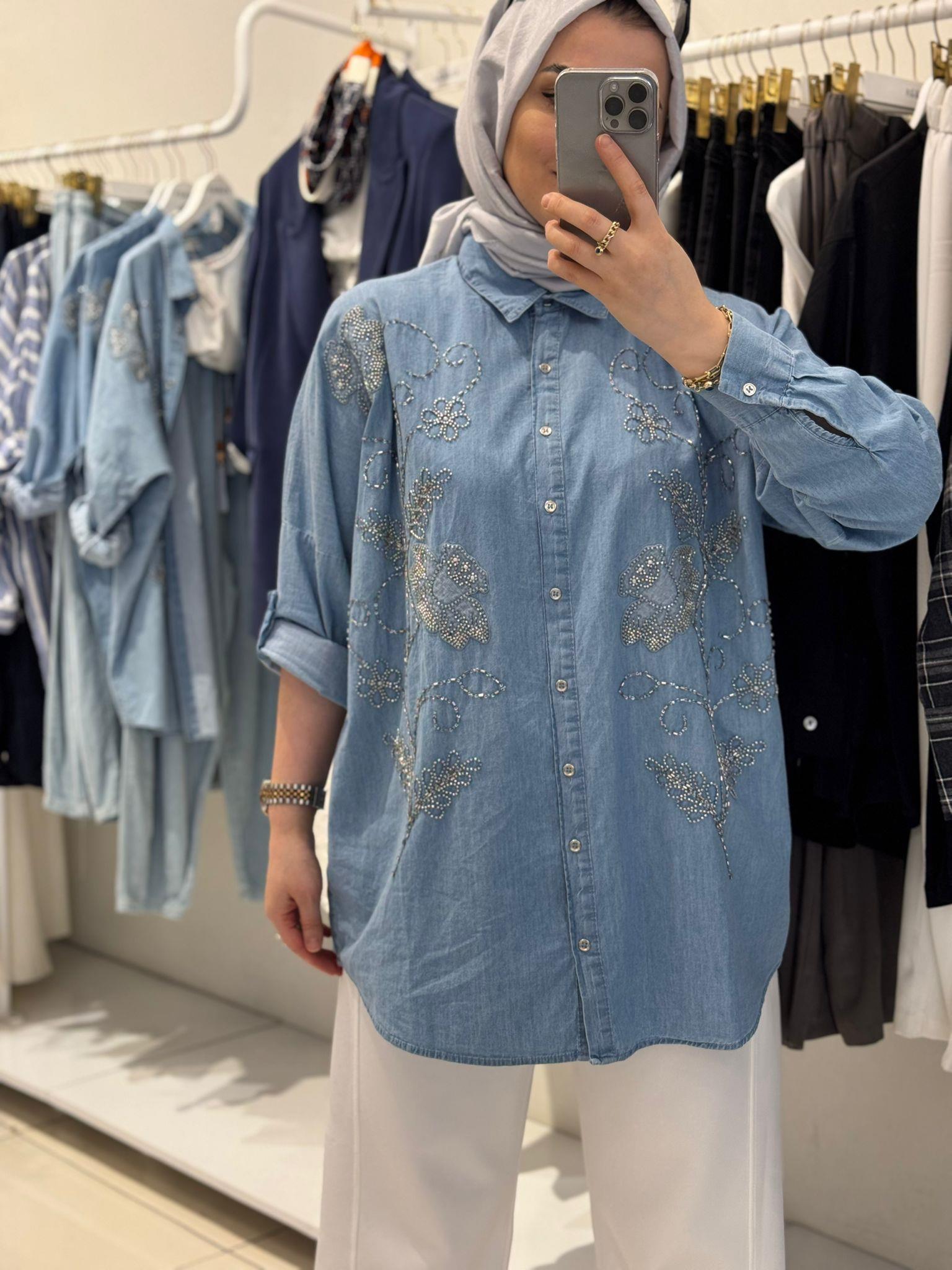 GömlekNAKIŞ İŞLEMELİ TENSEL KOT GÖMLEK 