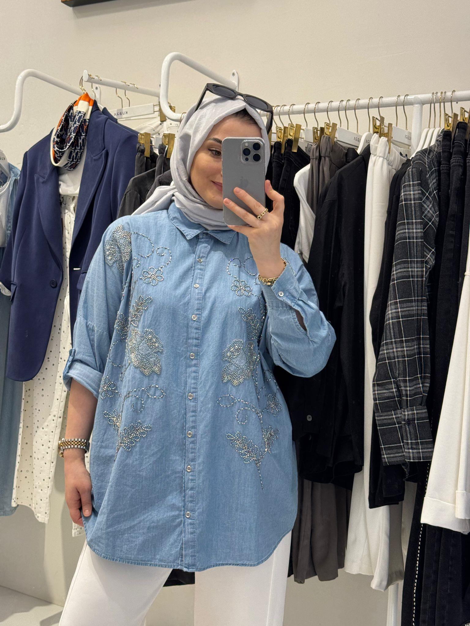 GömlekNAKIŞ İŞLEMELİ TENSEL KOT GÖMLEK 