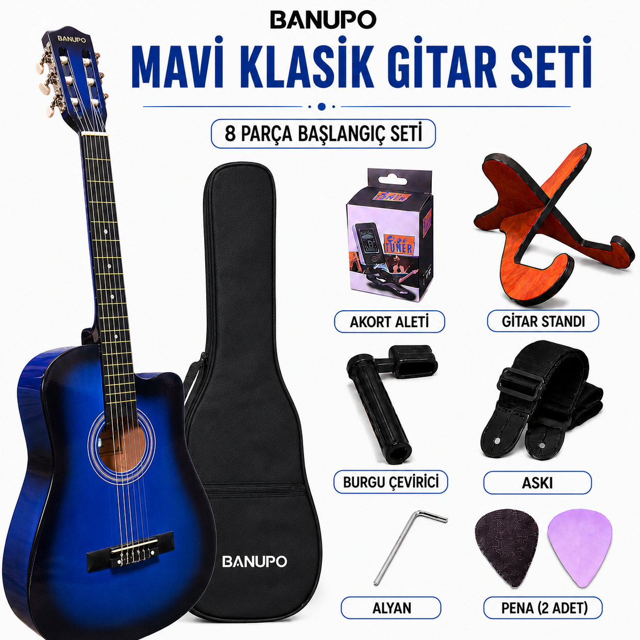 Banupo Blue Klasik Gitar Bundle Seti (Gitar + Kılıf + Akort Aleti + Gitar Standı + Askı)