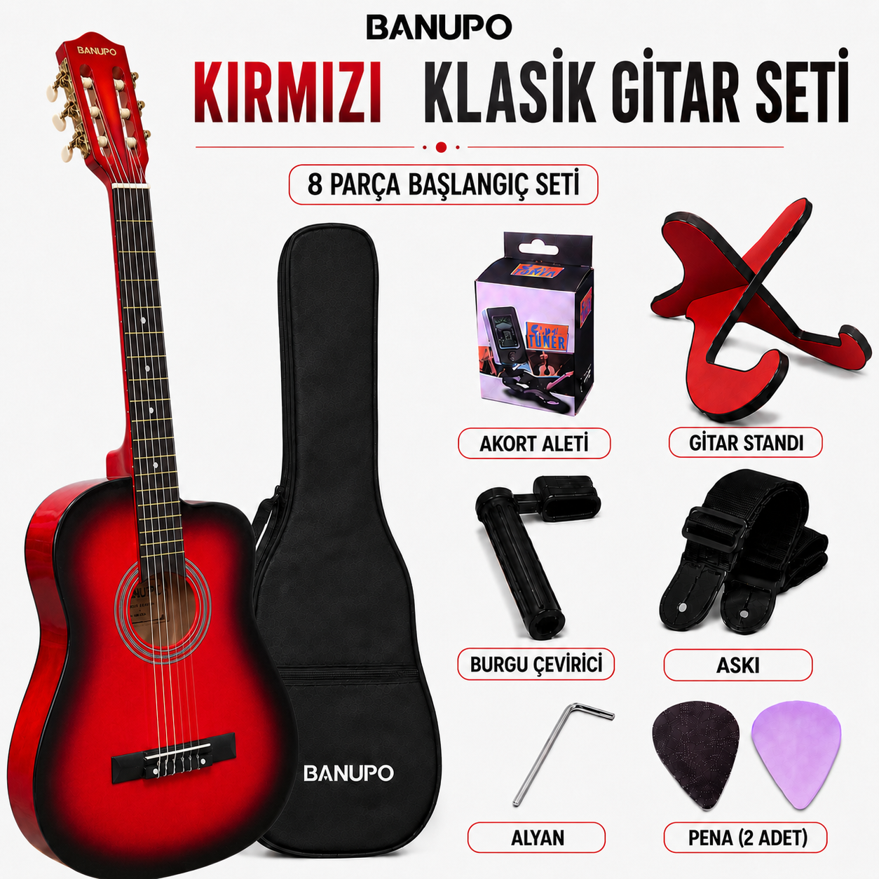Banupo Red Black Klasik Gitar Bundle Seti (Gitar + Kılıf + Akort Aleti + Gitar Standı + Askı)