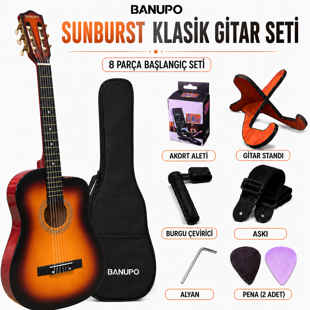 Banupo Sunburst Klasik Gitar Bundle Seti (Gitar + Kılıf + Akort Aleti + Gitar Standı + Askı)