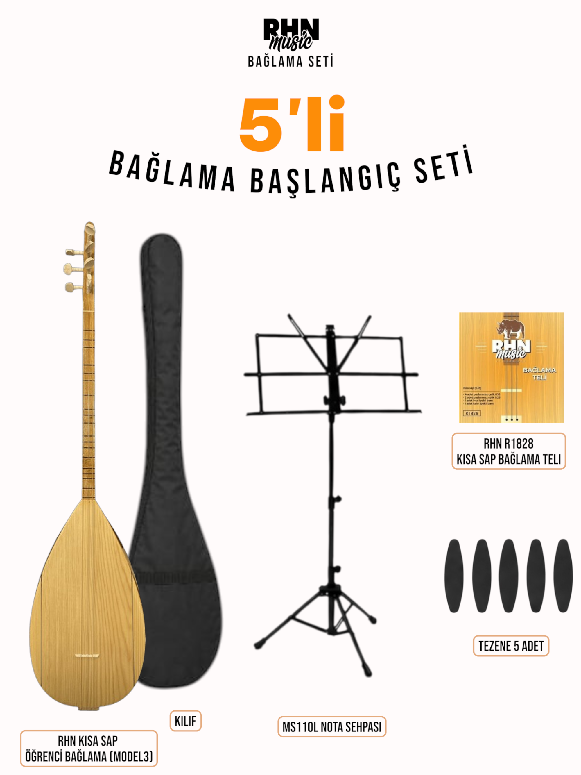 RHN Kısa Sap Öğrenci Bağlama – Model3 Bundle Seti (Bağlama + Nota Sehpası + Kılıf + Tezene + Yedek Tel)