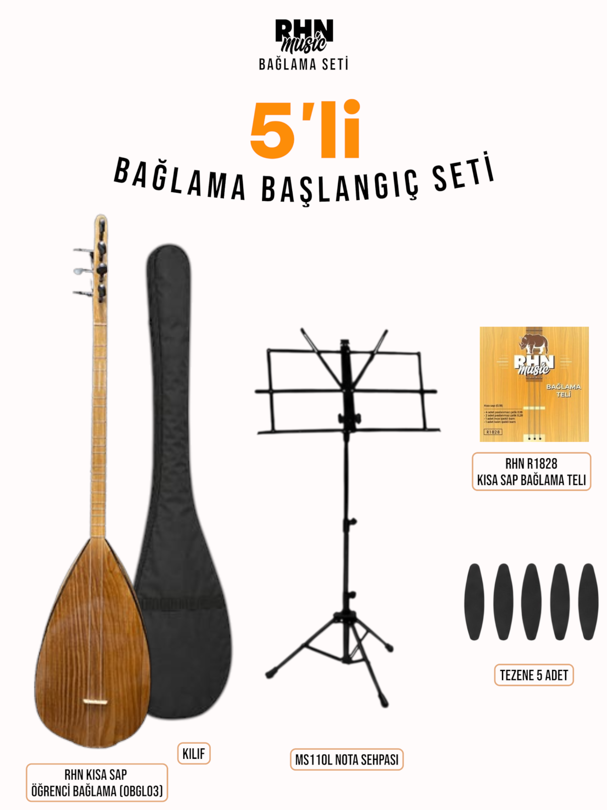 RHN Kısa Sap Öğrenci Bağlama (OBGL03) Başlangıç Seti (Bağlama + Nota Sehpası + Kılıf + Tezene + Yedek Tel)