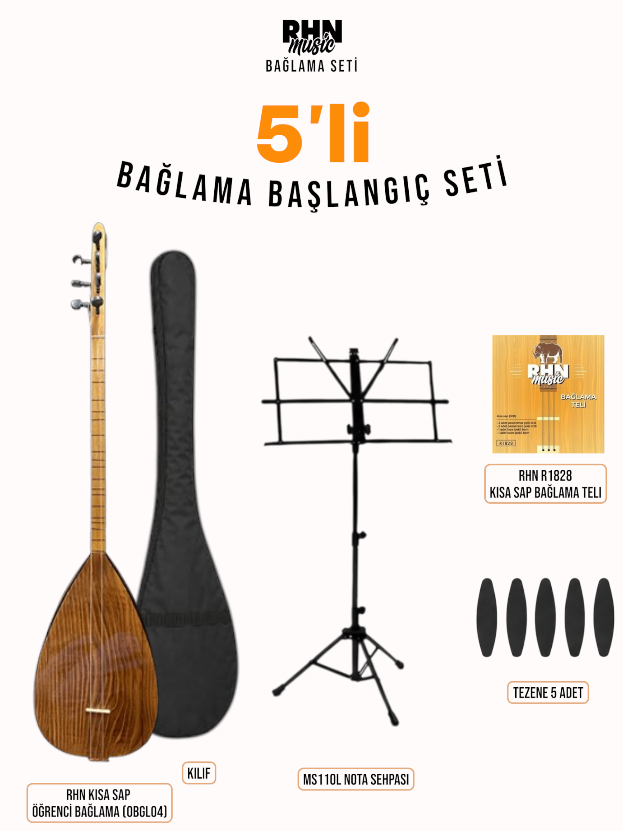 RHN Kısa Sap Öğrenci Bağlama (OBGL04)  Başlangıç Seti (Bağlama + Nota Sehpası + Kılıf + Tezene + Yedek Tel)