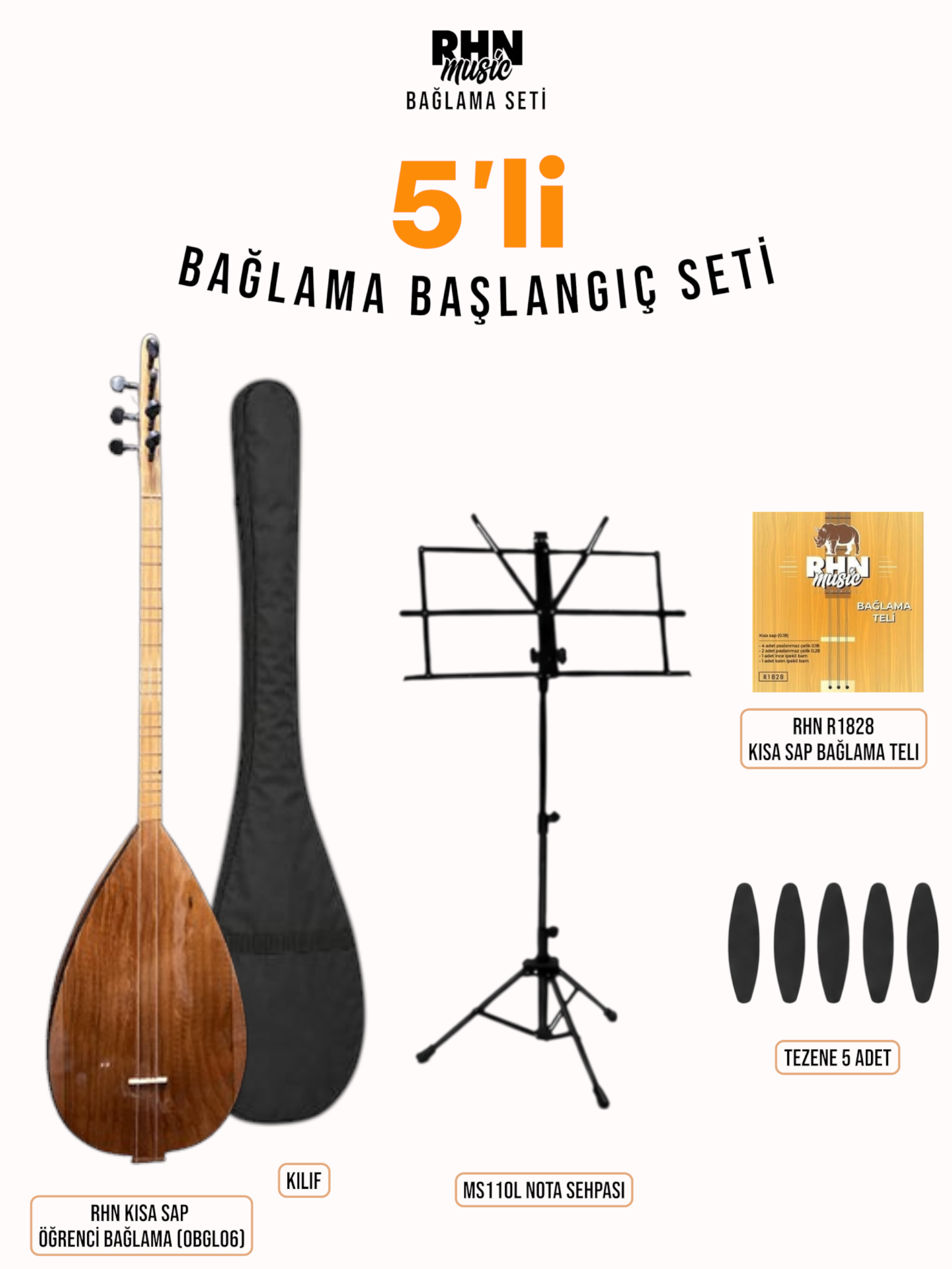 RHN Kısa Sap Öğrenci Bağlama (OBGL06) Bundle Seti (Bağlama + Nota Sehpası + Kılıf + Tezene + Yedek Tel)