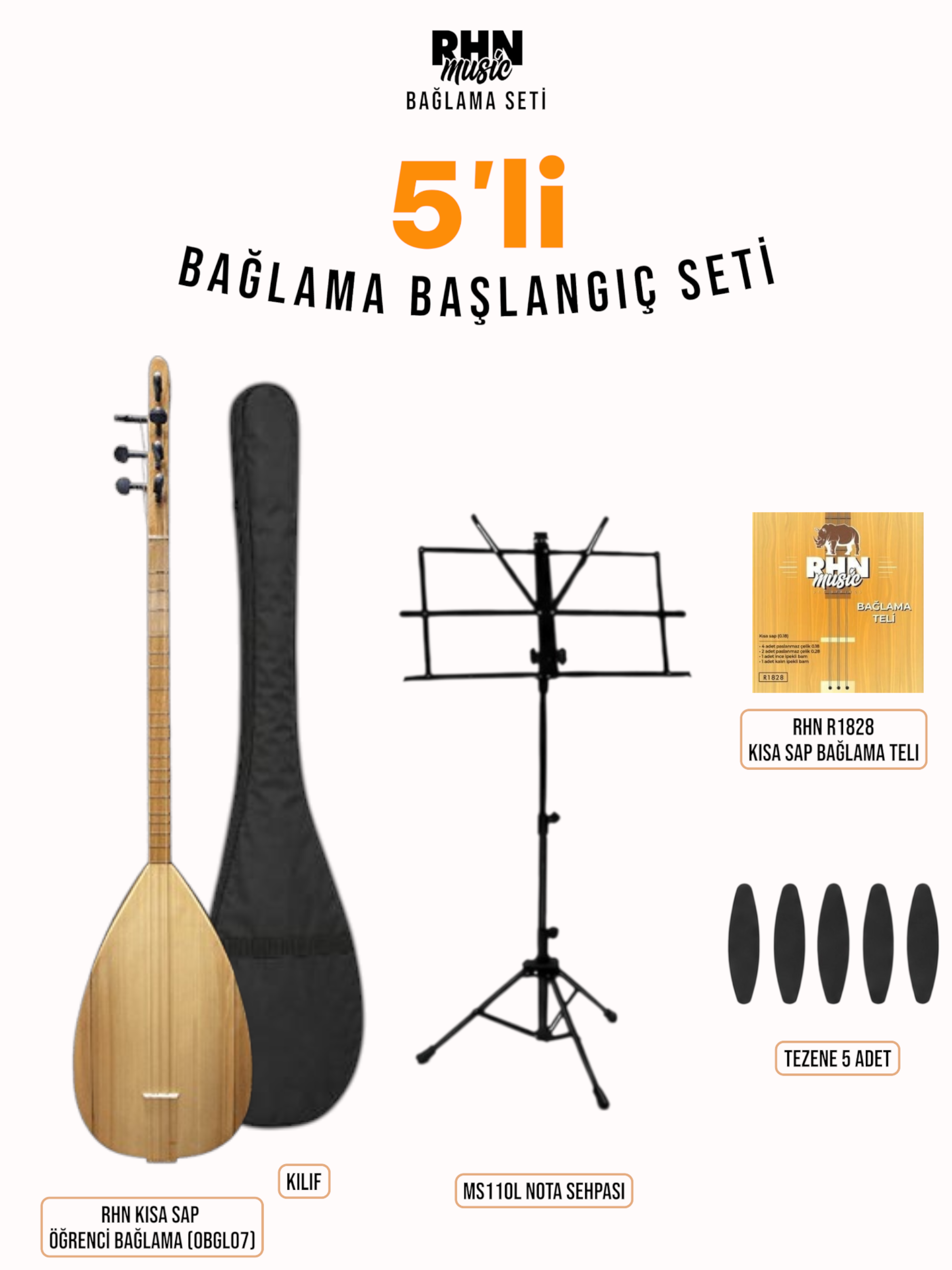 RHN Kısa Sap Öğrenci Bağlama (OBGL07) Başlangıç Seti (Bağlama + Nota Sehpası + Kılıf + Tezene + Yedek Tel)