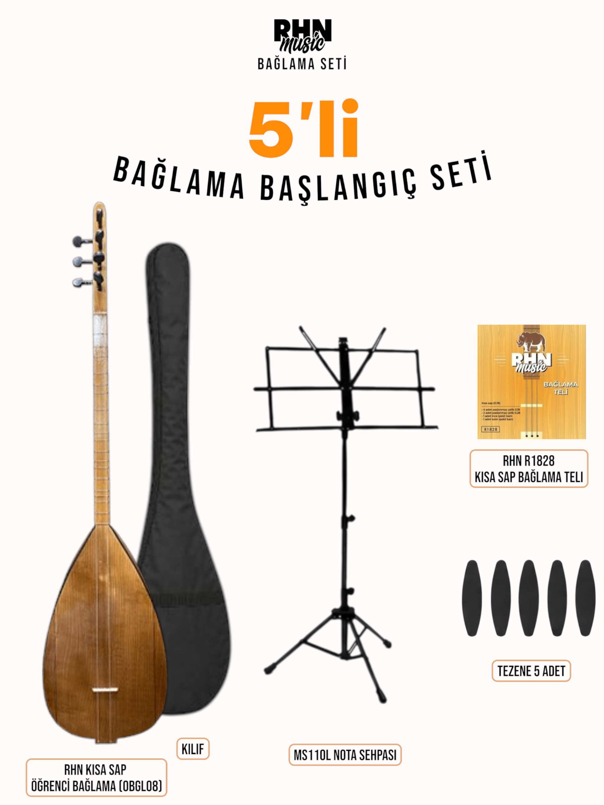 RHN Kısa Sap Öğrenci Bağlama (OBGL08) Başlangıç Seti (Bağlama + Nota Sehpası + Kılıf + Tezene + Yedek Tel)