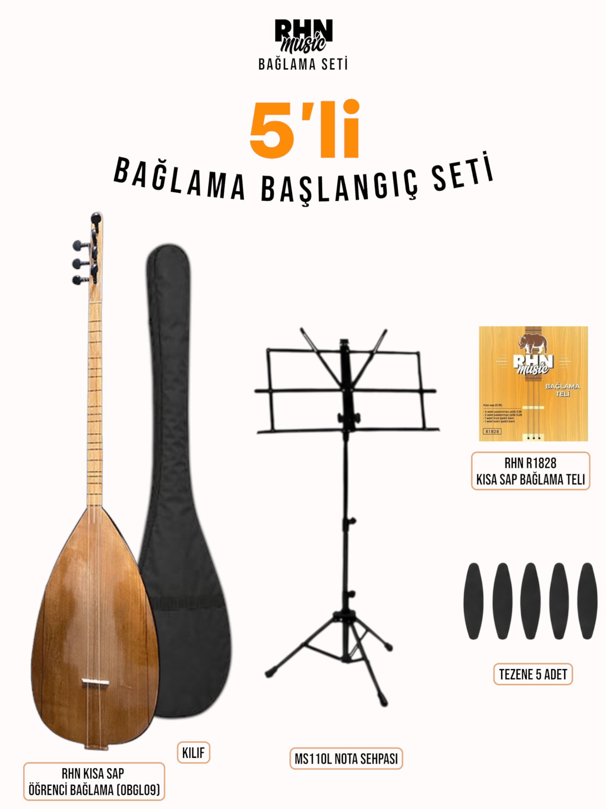 RHN Kısa Sap Öğrenci Bağlama (OBGL09) Başlangıç Seti (Bağlama + Nota Sehpası + Kılıf + Tezene + Yedek Tel)