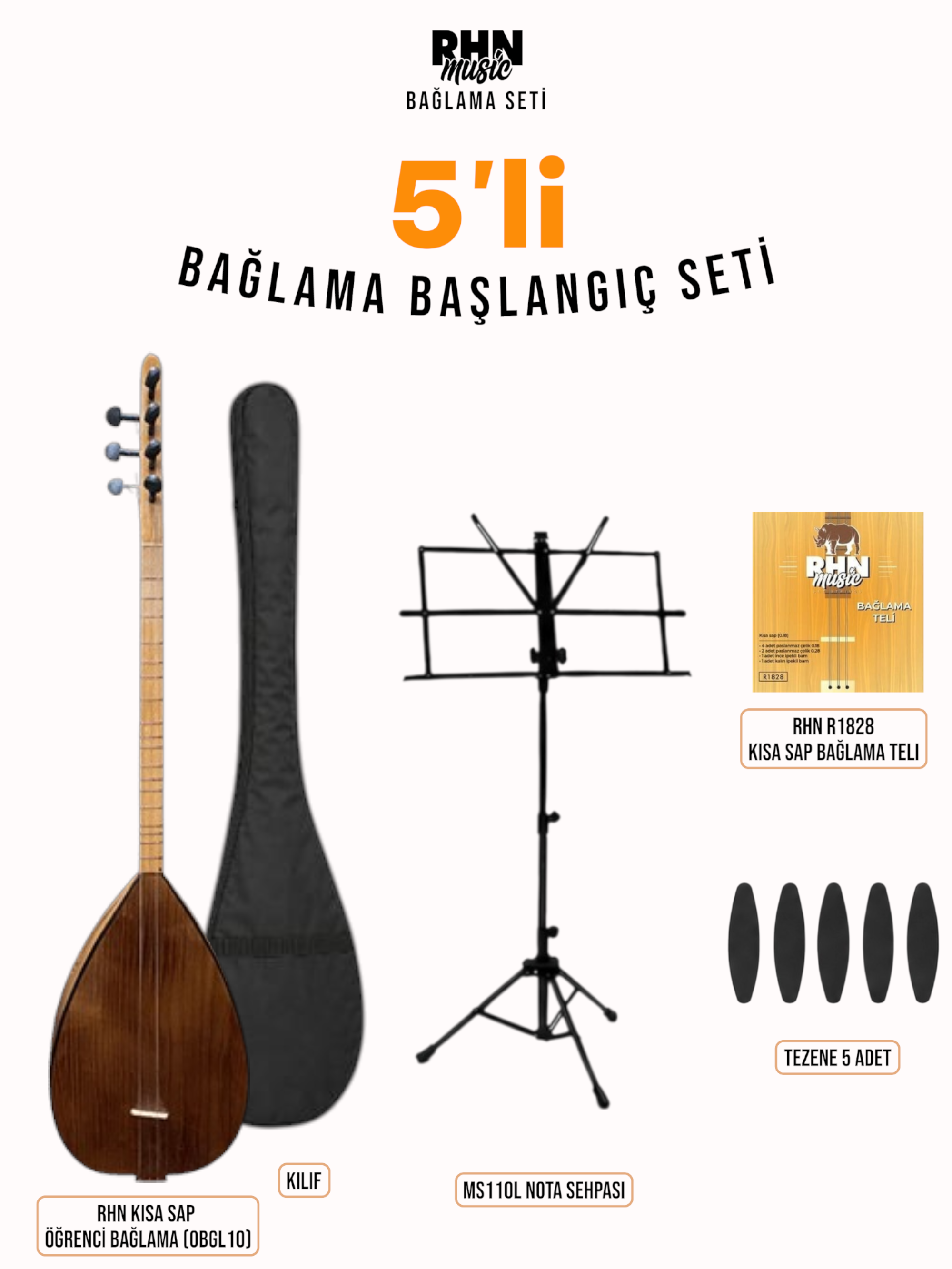 RHN Kısa Sap Öğrenci Bağlama (OBGL10) Bundle Seti (Bağlama + Nota Sehpası + Kılıf + Tezene + Yedek Tel)