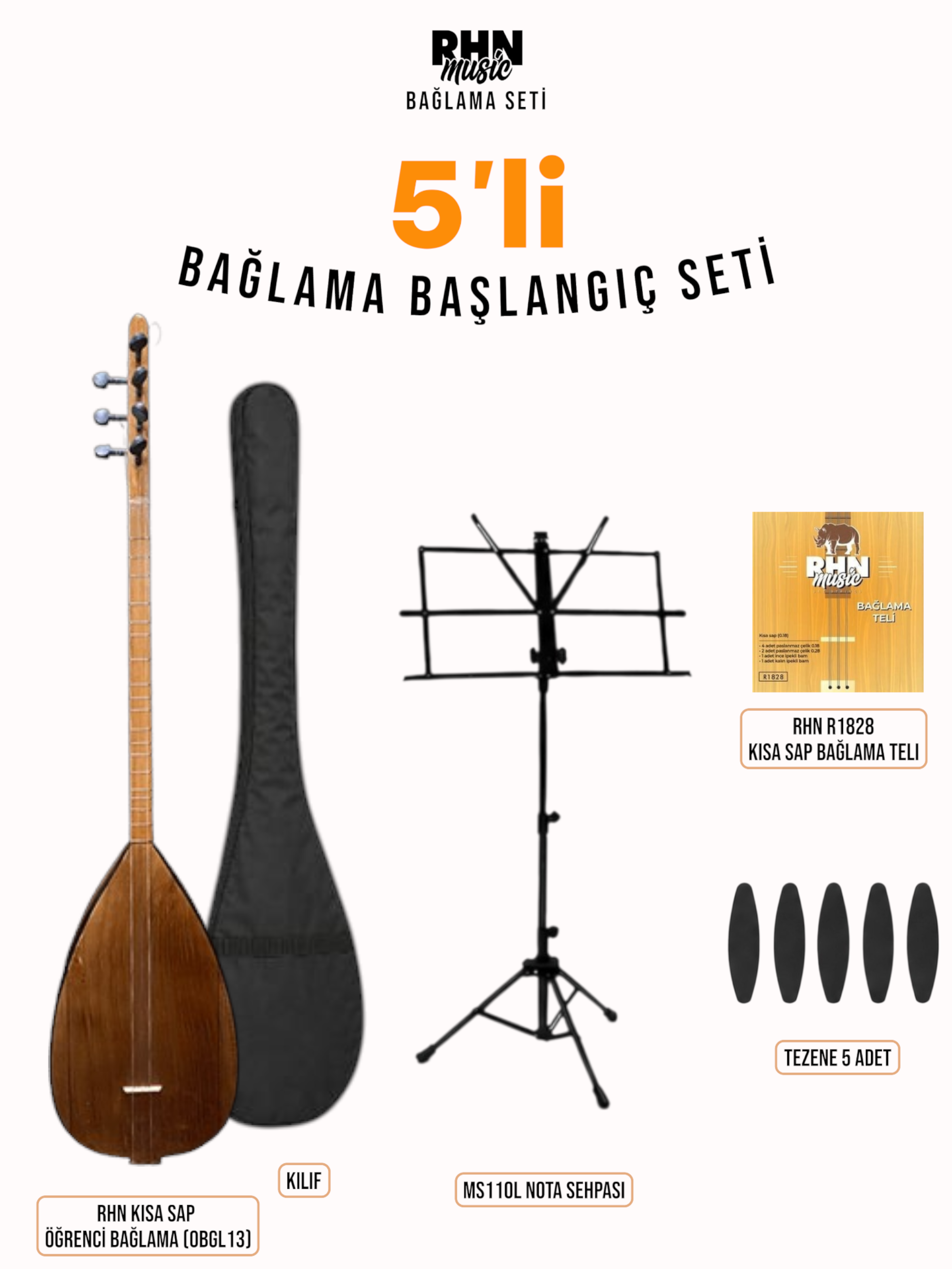 RHN Kısa Sap Öğrenci Bağlama (OBGL13) Bundle Seti (Bağlama + Nota Sehpası + Kılıf + Tezene + Yedek Tel)
