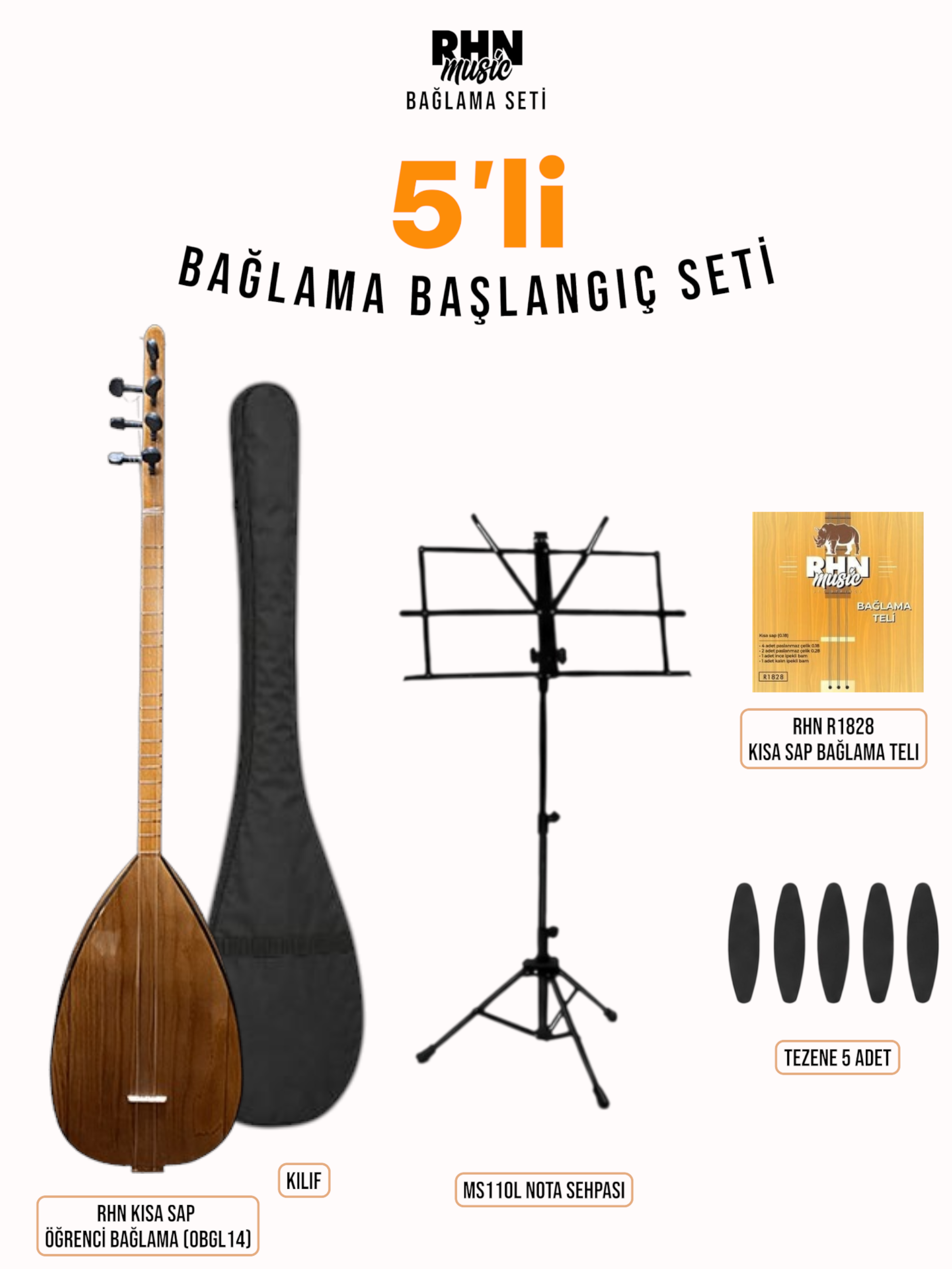 RHN Kısa Sap Öğrenci Bağlama (OBGL14) Bundle Seti (Bağlama + Nota Sehpası + Kılıf + Tezene + Yedek Tel)