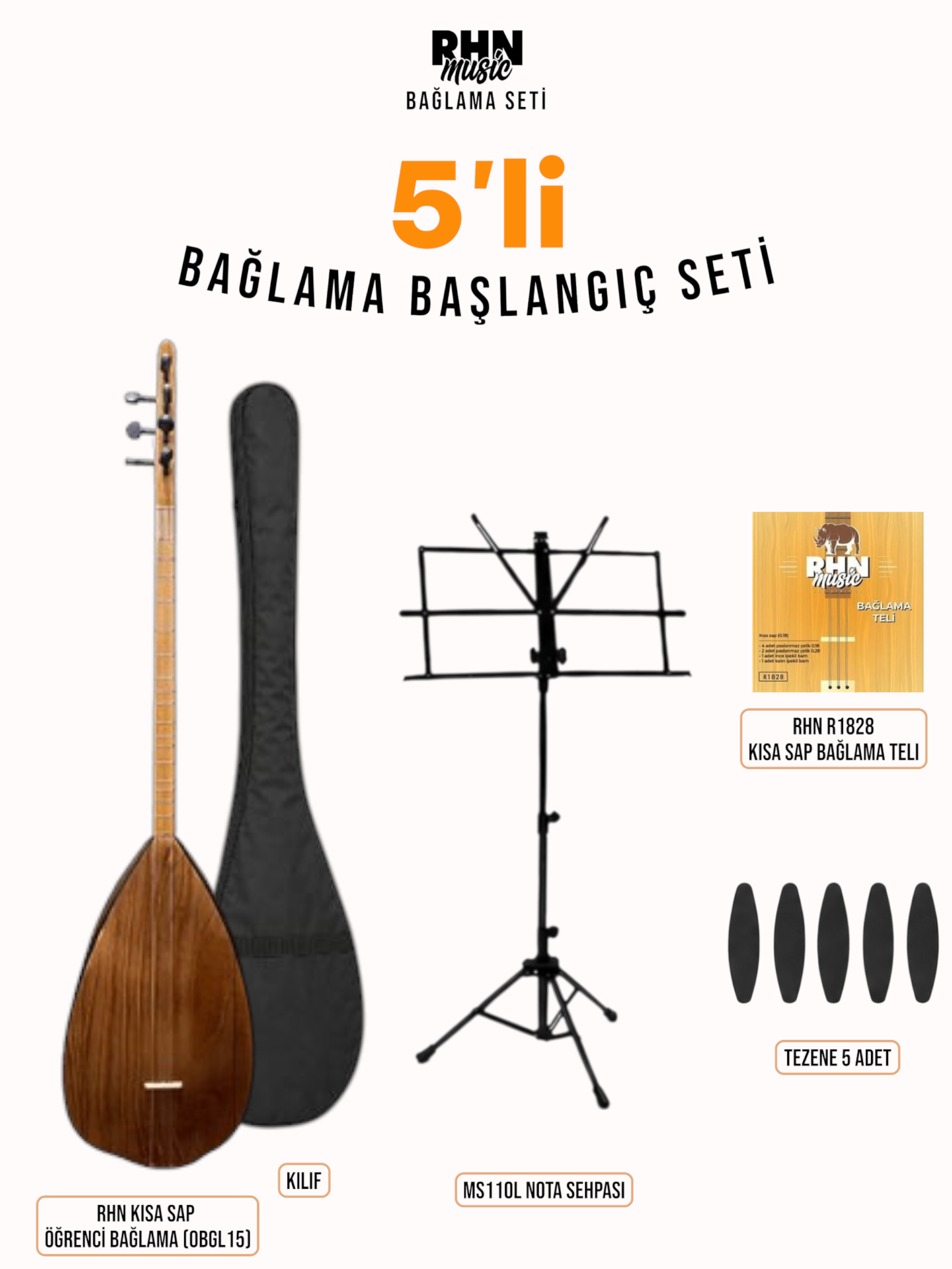 RHN Kısa Sap Öğrenci Bağlama (OBGL15) Bundle Seti (Bağlama + Nota Sehpası + Kılıf + Tezene + Yedek Tel)