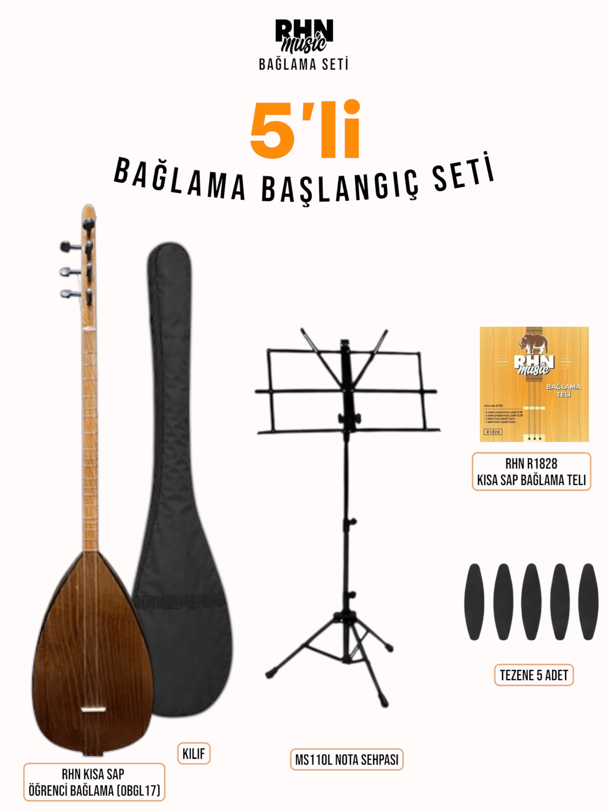 RHN Kısa Sap Öğrenci Bağlama (OBGL17) Bundle Seti (Bağlama + Nota Sehpası + Kılıf + Tezene + Yedek Tel)