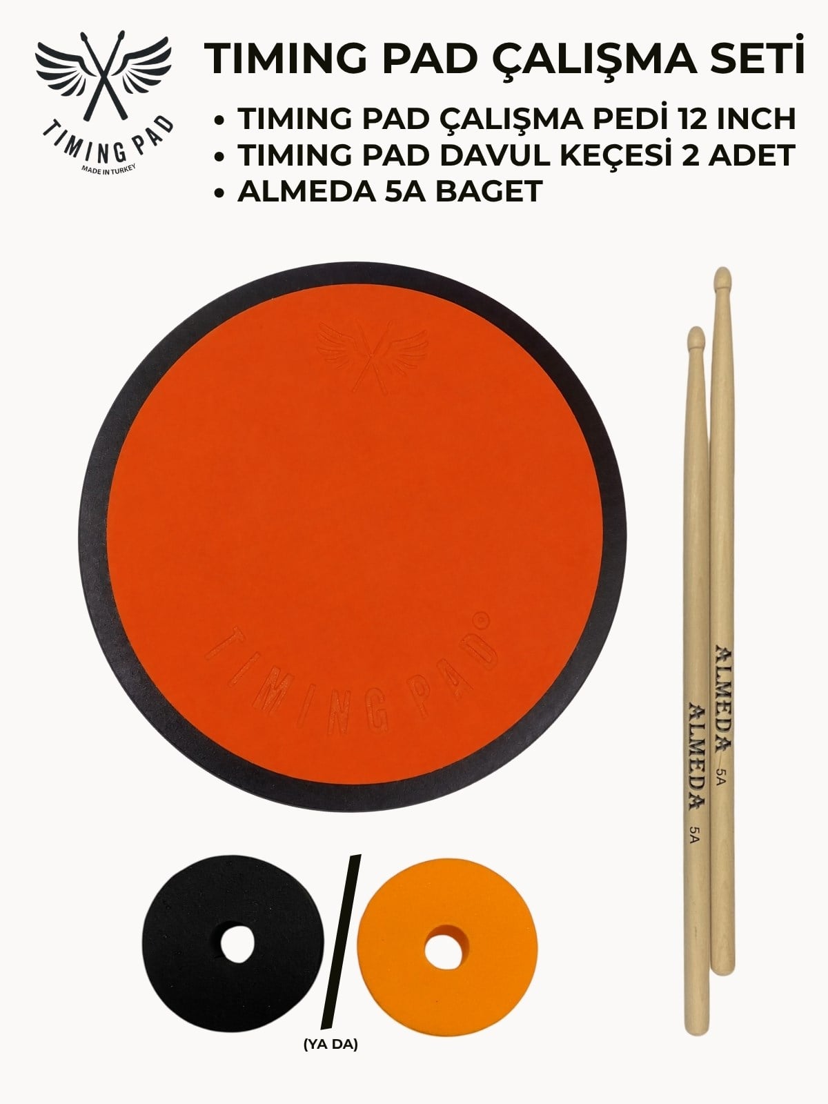 Timing Pad Çalışma Seti (Çalışma Pedi 12 Inch + Davul Keçesi 2 Adet + Baget)