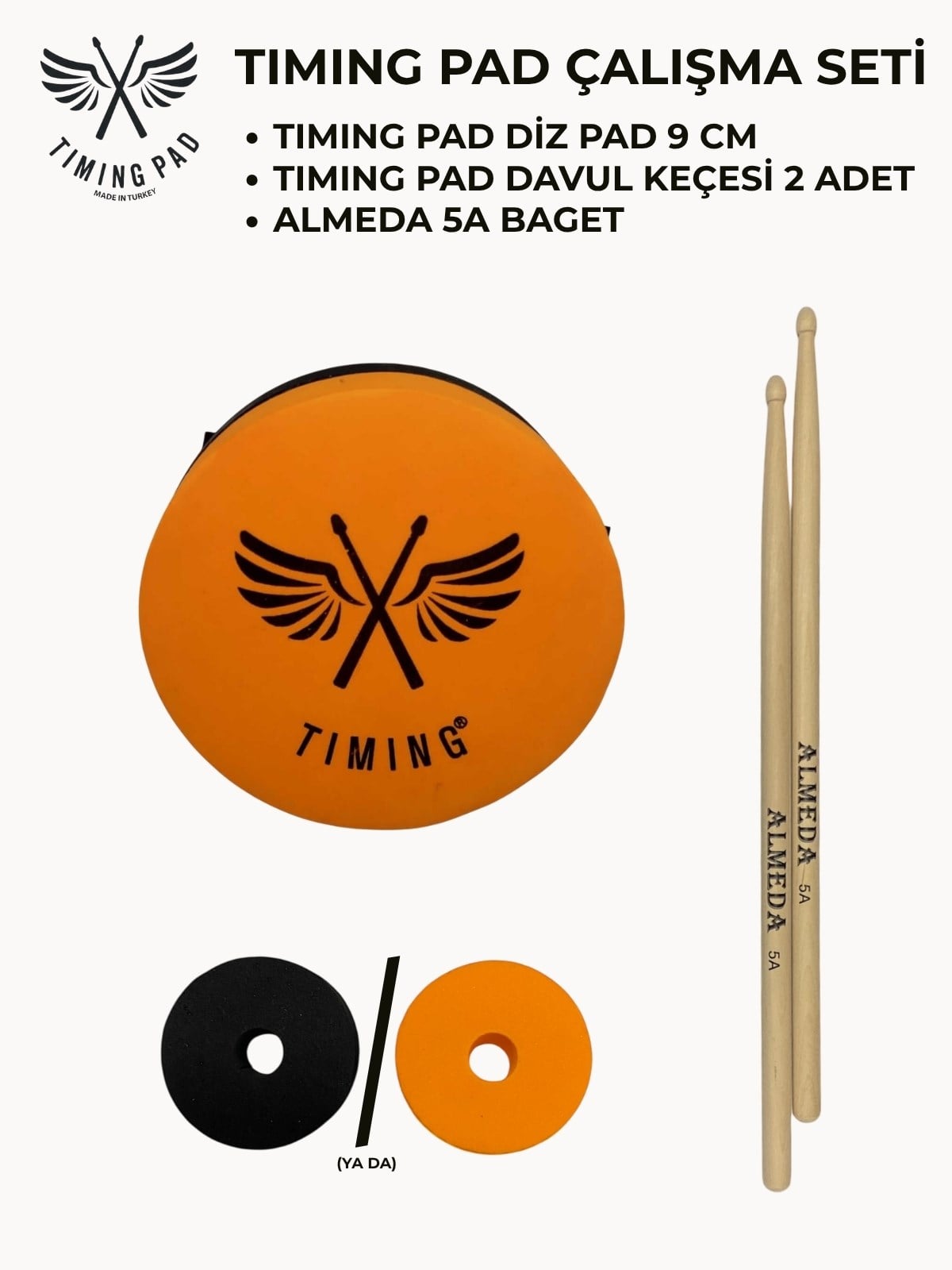 Timing Pad Çalışma Seti (Diz Pedi 9 cm + Davul Keçesi 2 Adet + Baget)