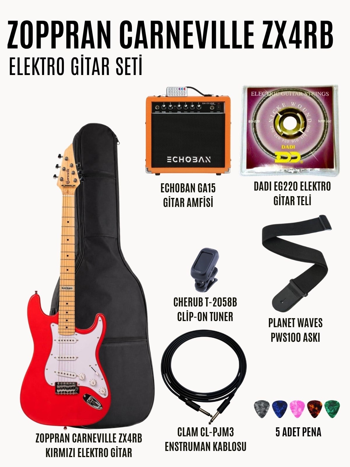 Zoppran Carneville ZX4RB Elektro Gitar Başlangıç Seti (Elektro Gitar + Yedek Tel + Tuner + Askı + Pena + Kılıf + Amfi + Kablo)