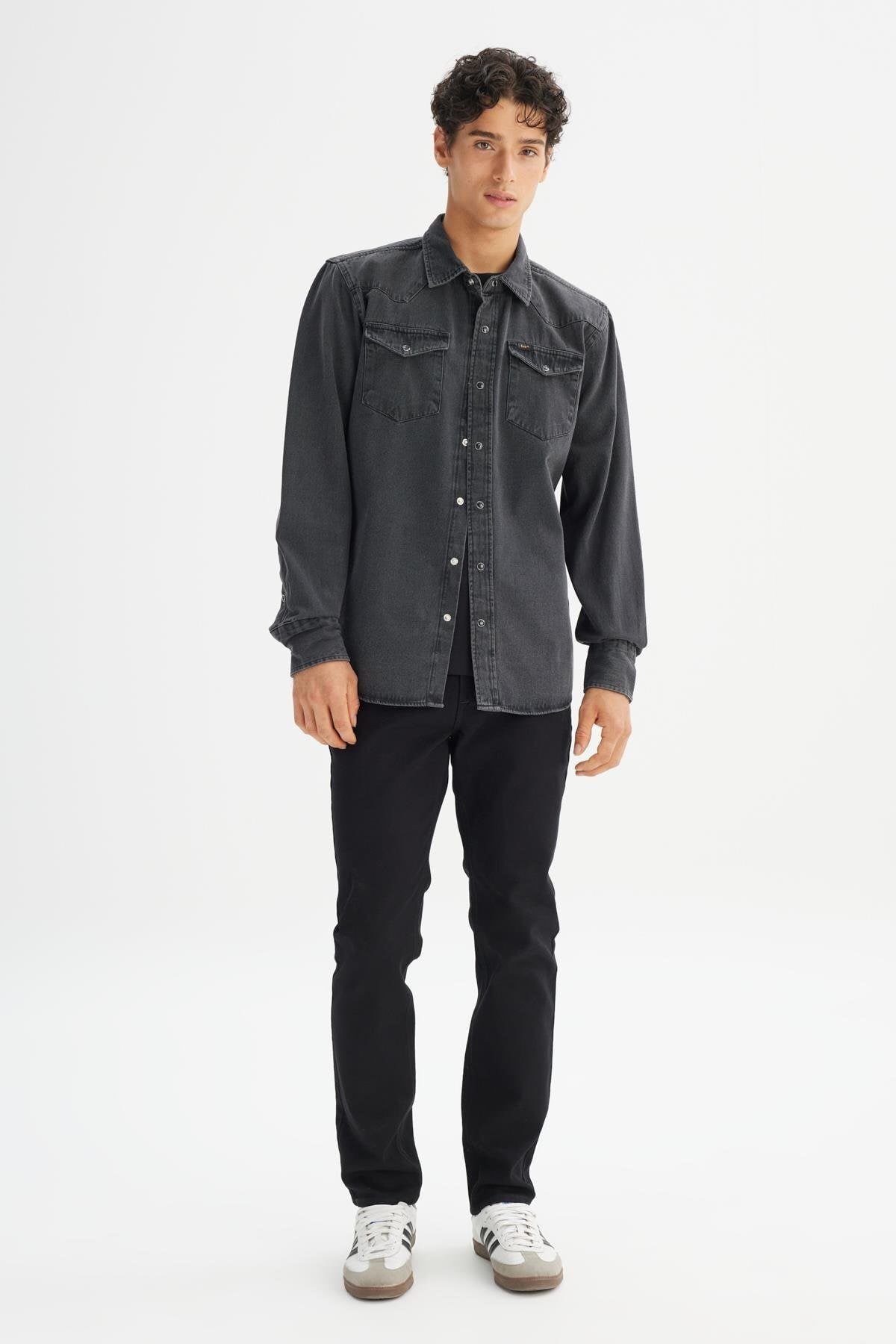  Lee Erkek Regular Fit Normal Kesim Klasik Yaka Cepli Denim Antrasit Gömlek - L241513 - Lee - L241513-2