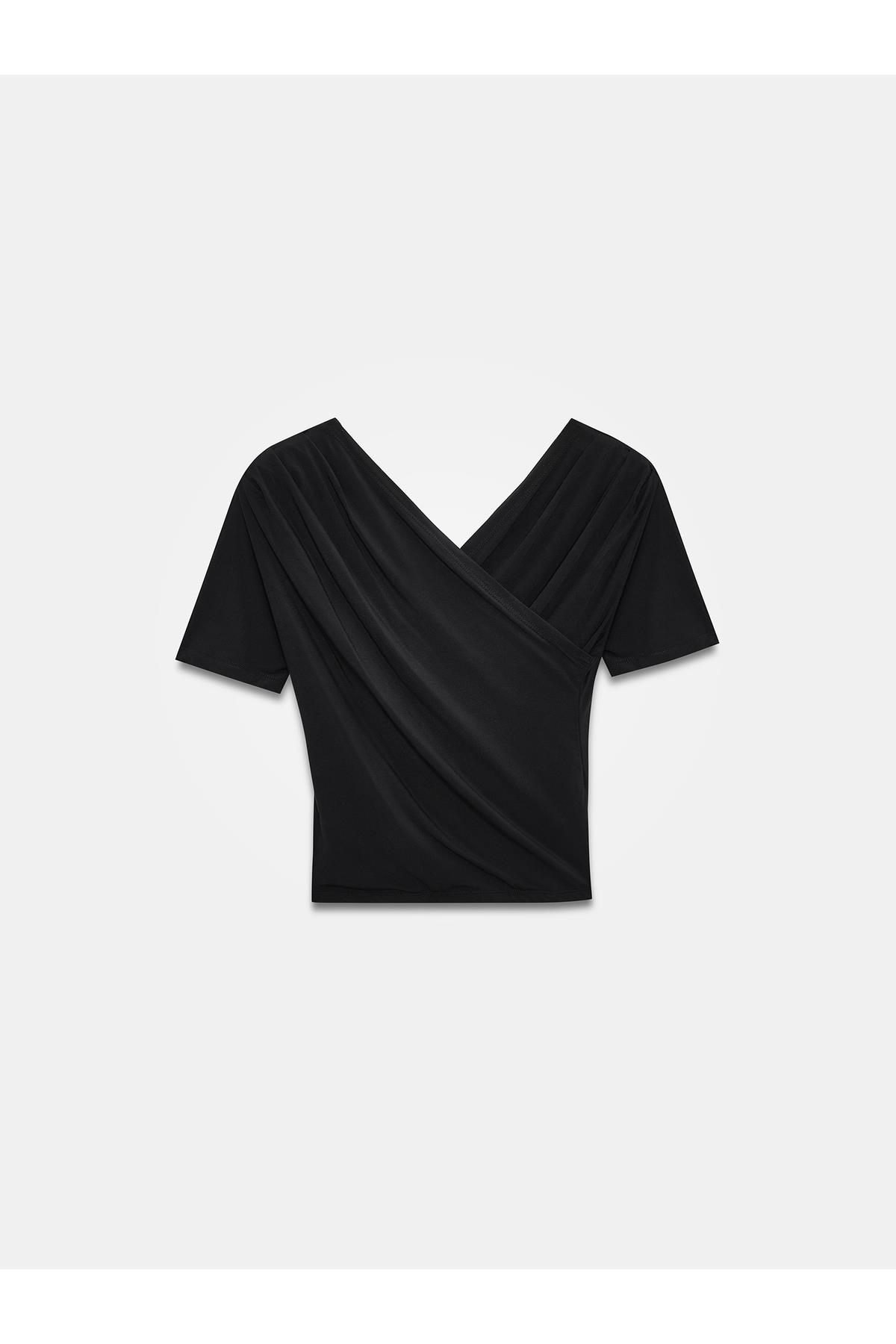 Dilvin 32659 Drapeli Kısa Kollu Top-Siyah Bluz - 101A32659 - Dilvin - 101A32659