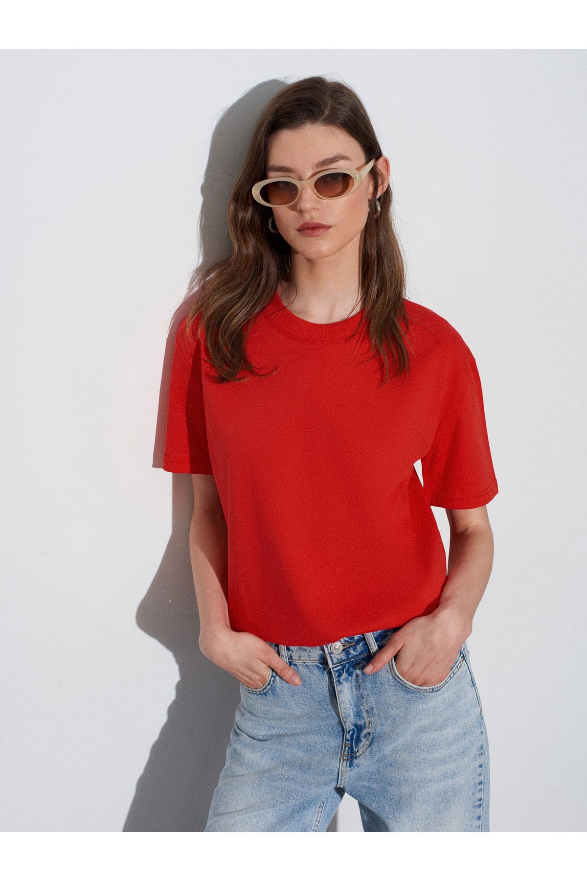Dilvin Kadın %100 Pamuk Bisiklet Yaka T-Shirt Kırmızı - 101A30312 - Dilvin - 101A30312-2