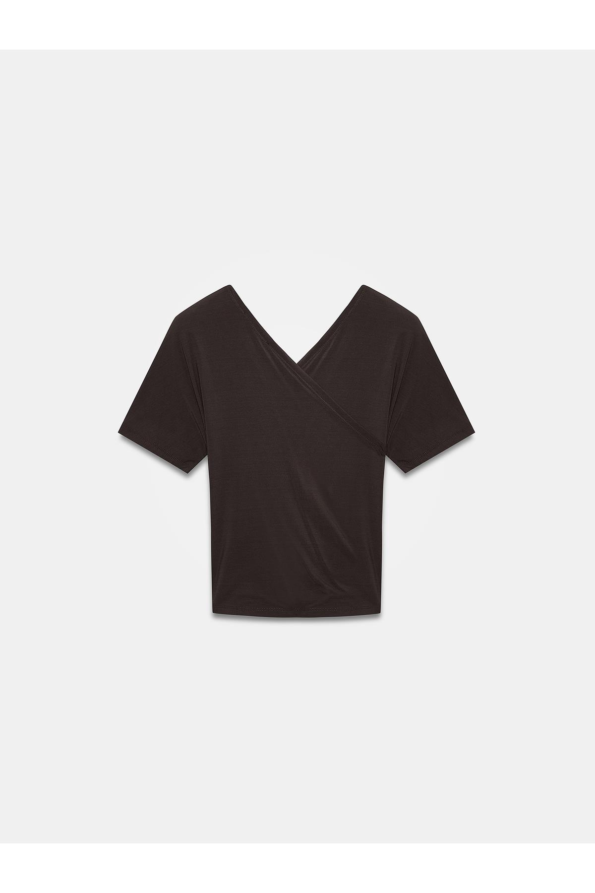 Dilvin Kadın Drapeli Kısa Kollu Koyu Kahve Bluz - 101A32659 - Dilvin - 101A32659-3