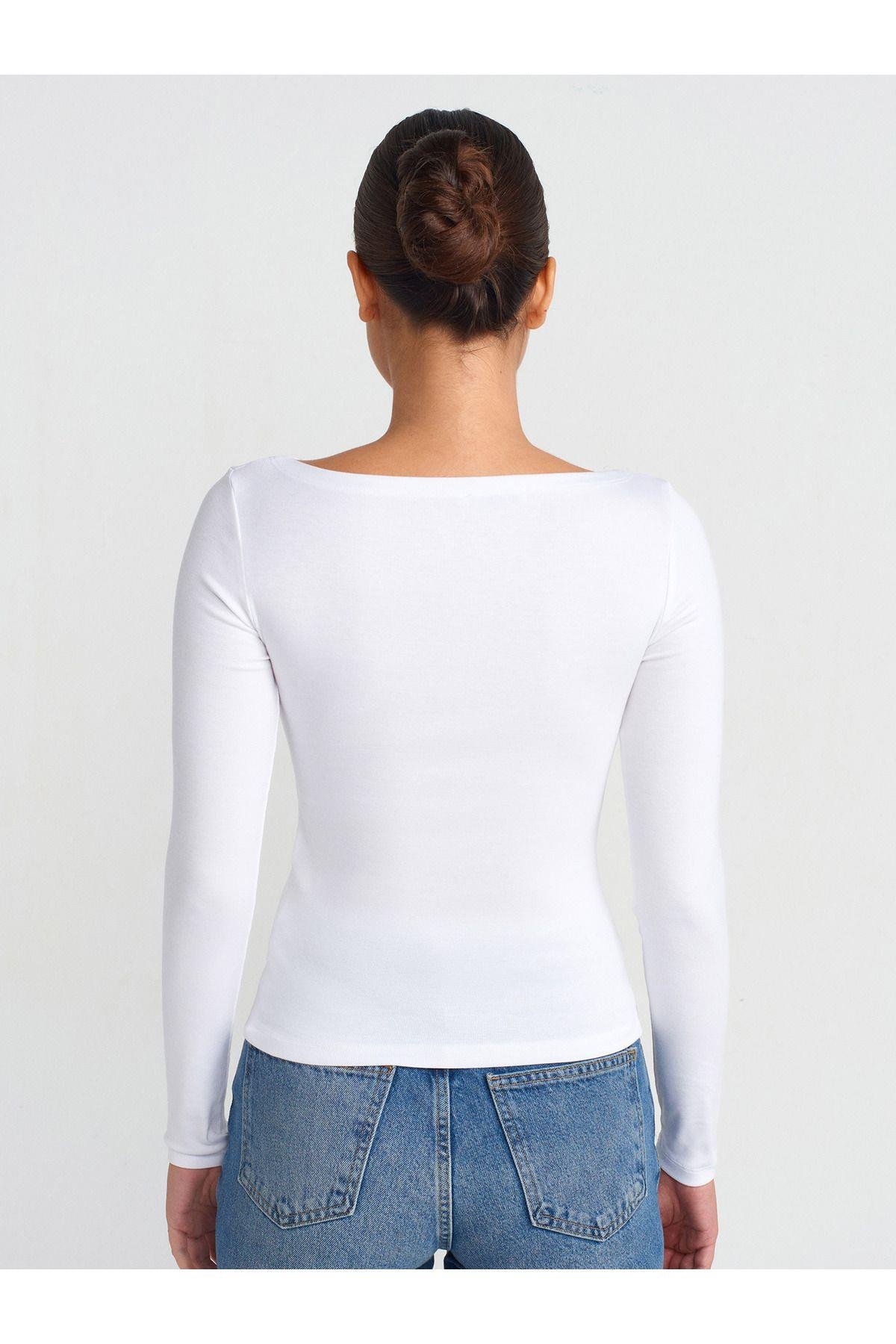 Dilvin Kadın Kayık Yaka Uzun Kollu Top Beyaz T-shirt - 31332 - Dilvin - 101A31332
