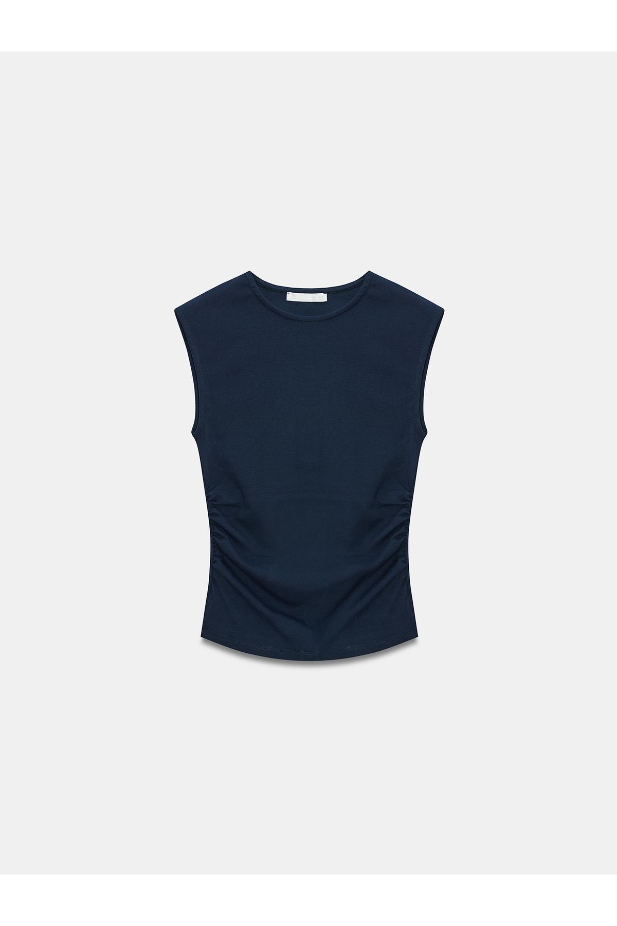 Dilvin Kadın Kenarları Büzgülü Lacivert T-Shirt - 101A21054 - Dilvin - 101A21054