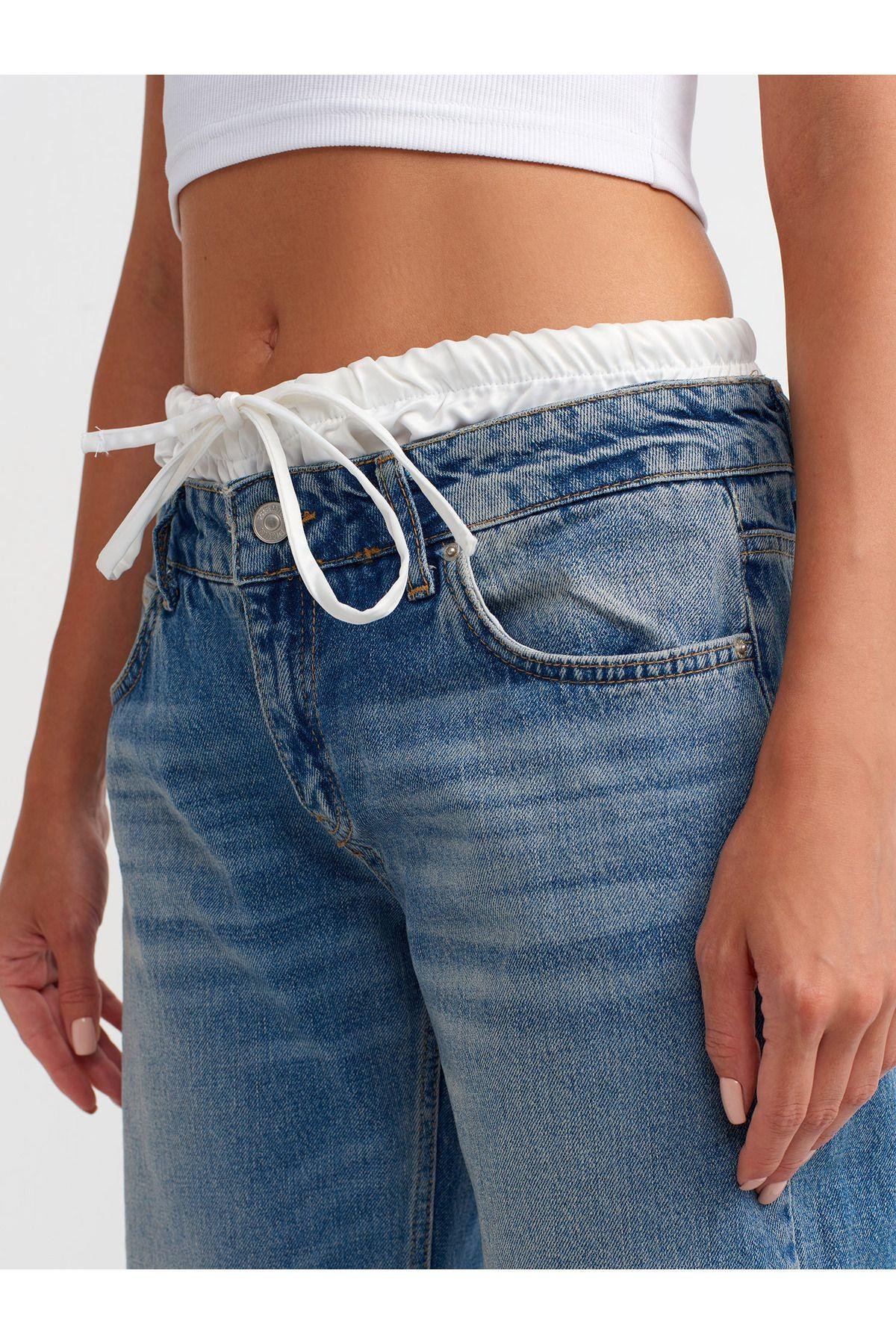 Dilvin Saten Boxer Detaylı Bol Paça Denim Kot Pantolon - Mavi - 71494 - Dilvin - 71494