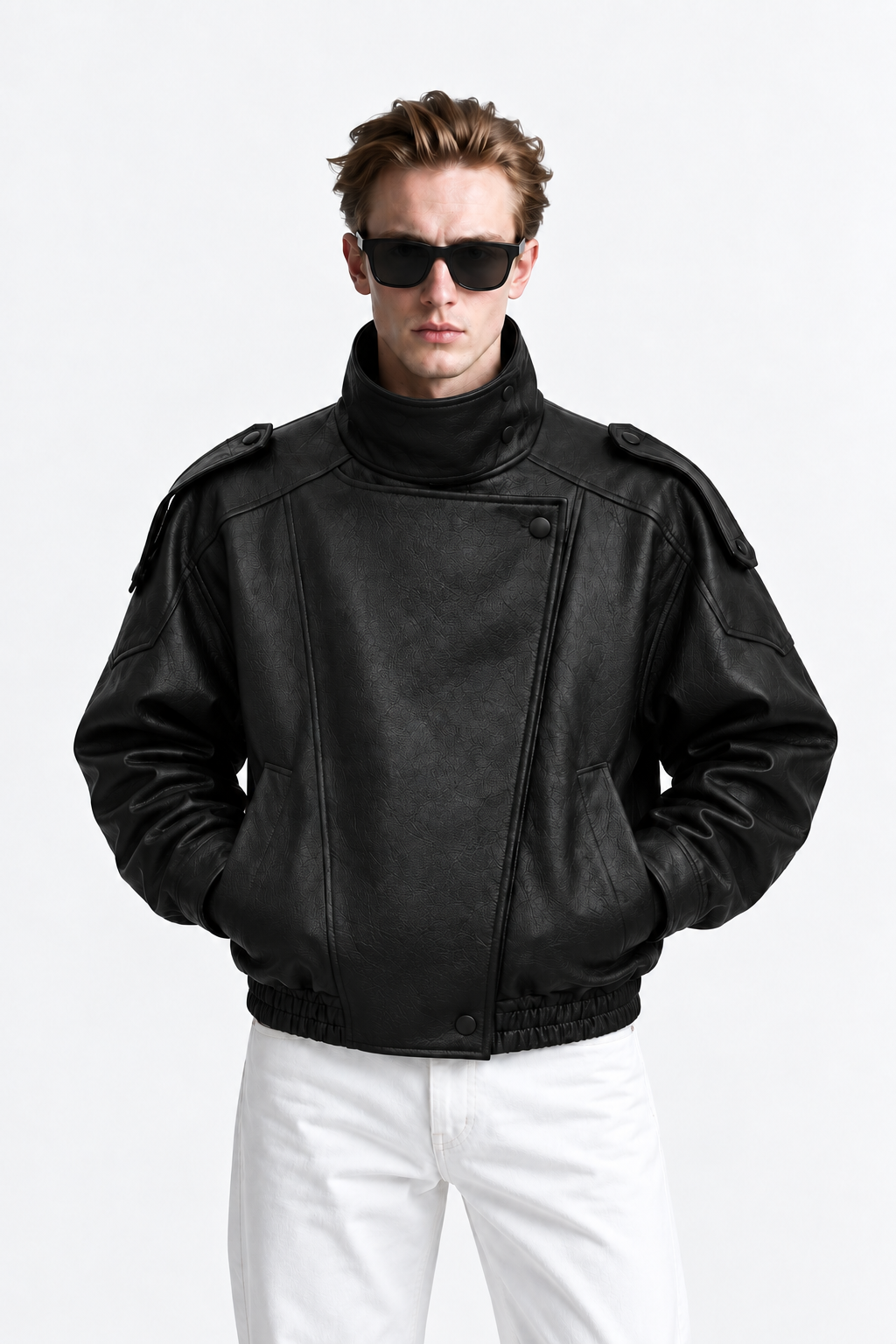 Erkek Oversize Rahat Kalıp Siyah Suni Deri Ceket-002419 - LaykMayk - L-002419