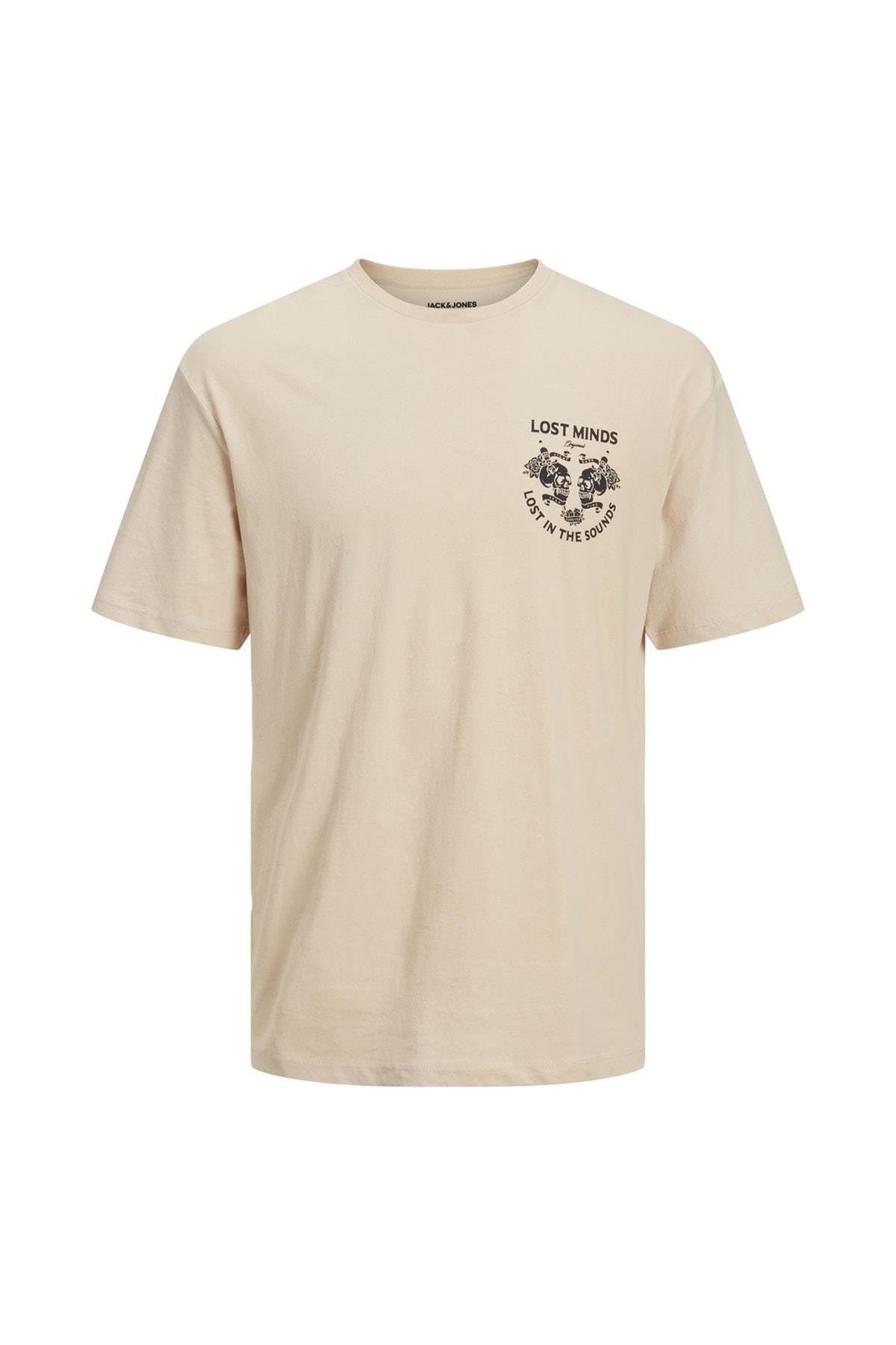 Jack & Jones Bisiklet Yaka Baskılı Koyu Bej Erkek T-shirt 12211712 - Jack & Jones - 5002930351