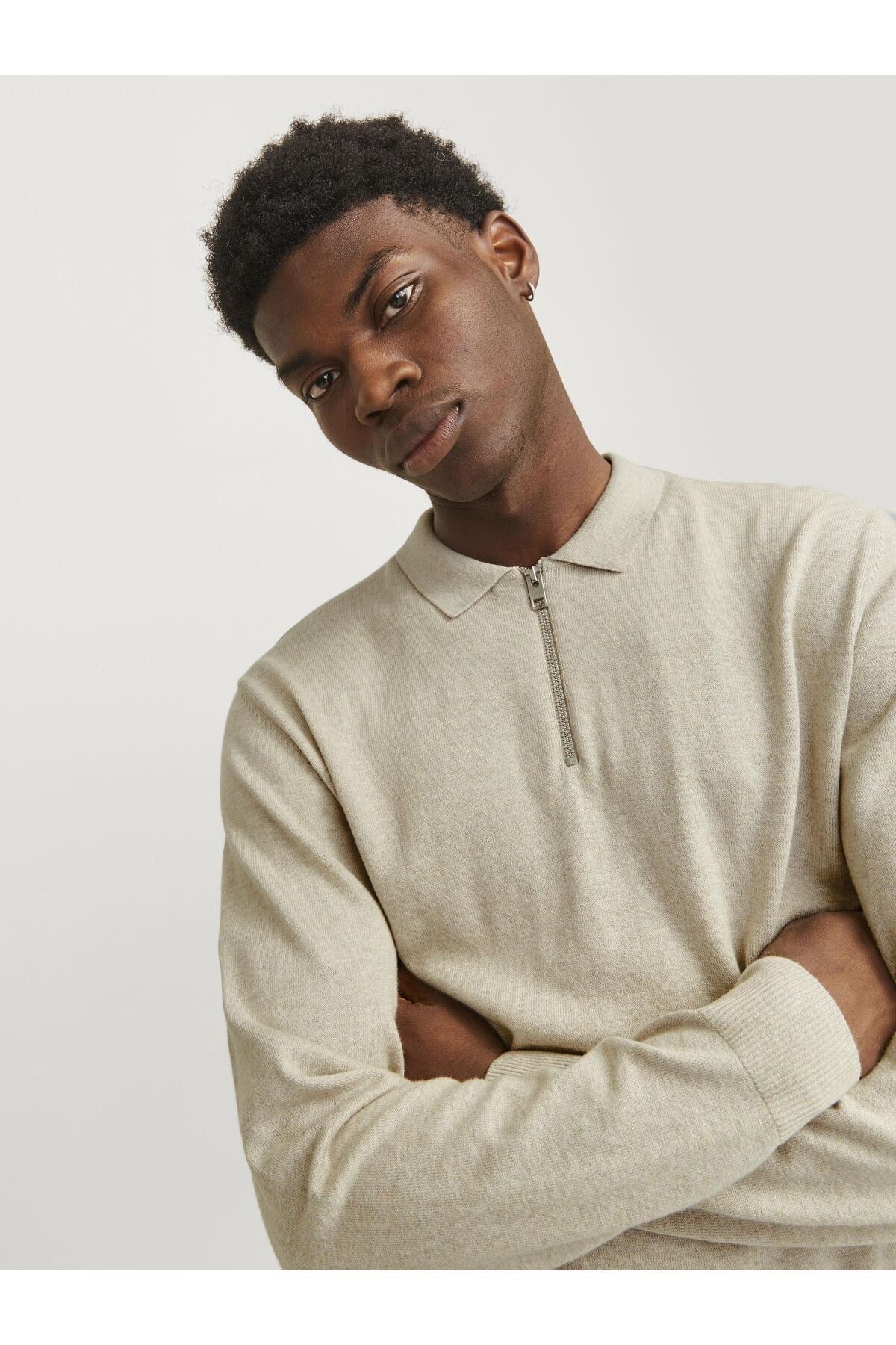 Jack & Jones Erkek Polo Gömlek Einfarbig Bej Sweatshirt - 12268210 - Jack & Jones - 12268210-3