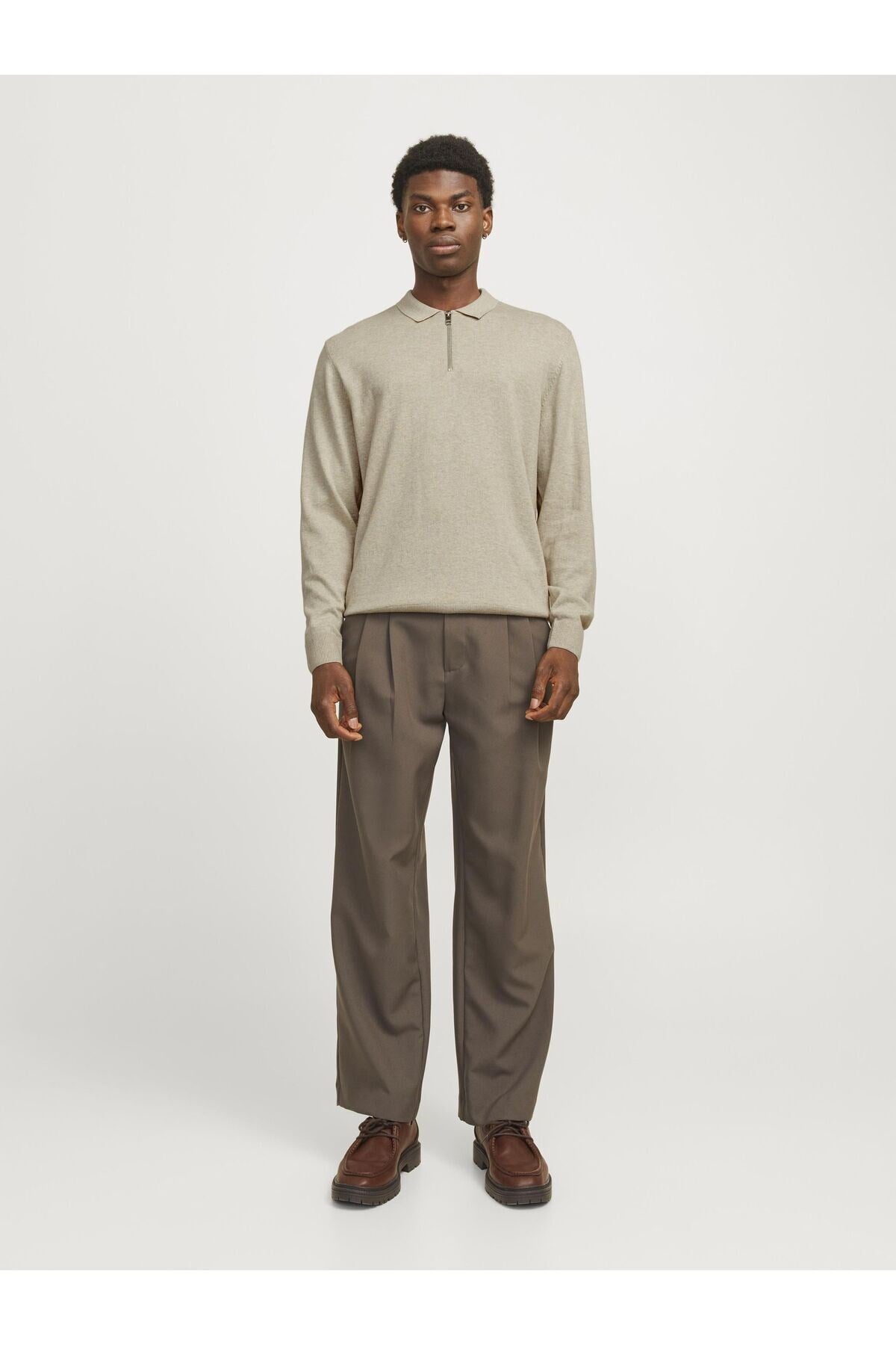 Jack & Jones Erkek Polo Gömlek Einfarbig Bej Sweatshirt - 12268210 - Jack & Jones - 12268210-3