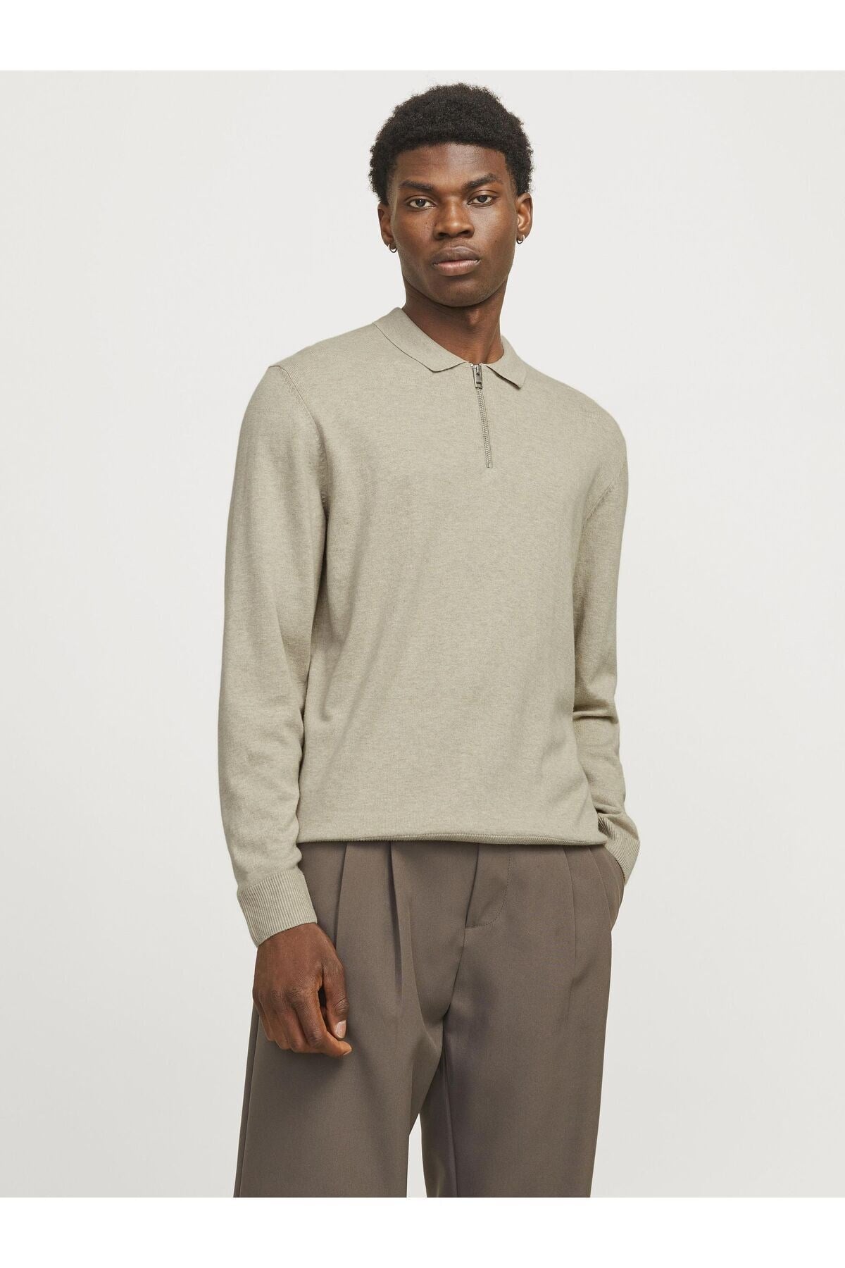 Jack & Jones Erkek Polo Gömlek Einfarbig Bej Sweatshirt - 12268210 - Jack & Jones - 12268210-3