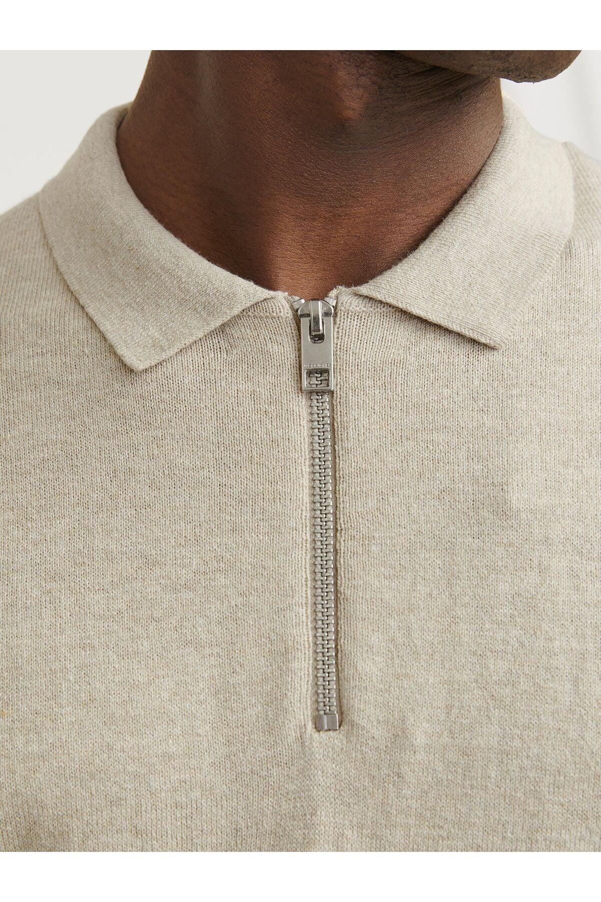 Jack & Jones Erkek Polo Gömlek Einfarbig Bej Sweatshirt - 12268210 - Jack & Jones - 12268210-3