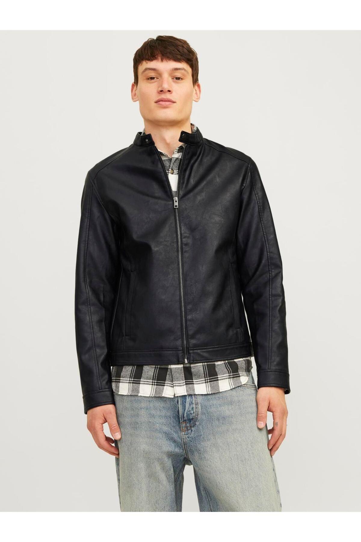 Jack & Jones Erkek Siyah Motorcu Deri Ceket - 12261195 - Jack & Jones - 12261195