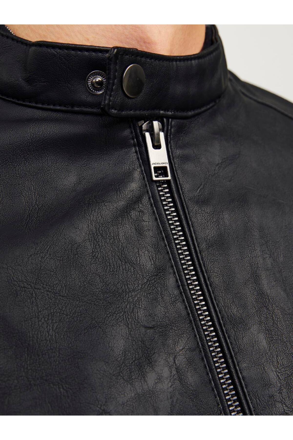 Jack & Jones Erkek Siyah Motorcu Deri Ceket - 12261195 - Jack & Jones - 12261195