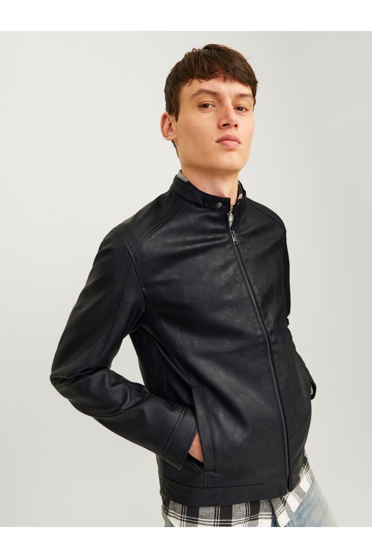 Jack & Jones Erkek Siyah Motorcu Deri Ceket - 12261195 - Jack & Jones - 12261195