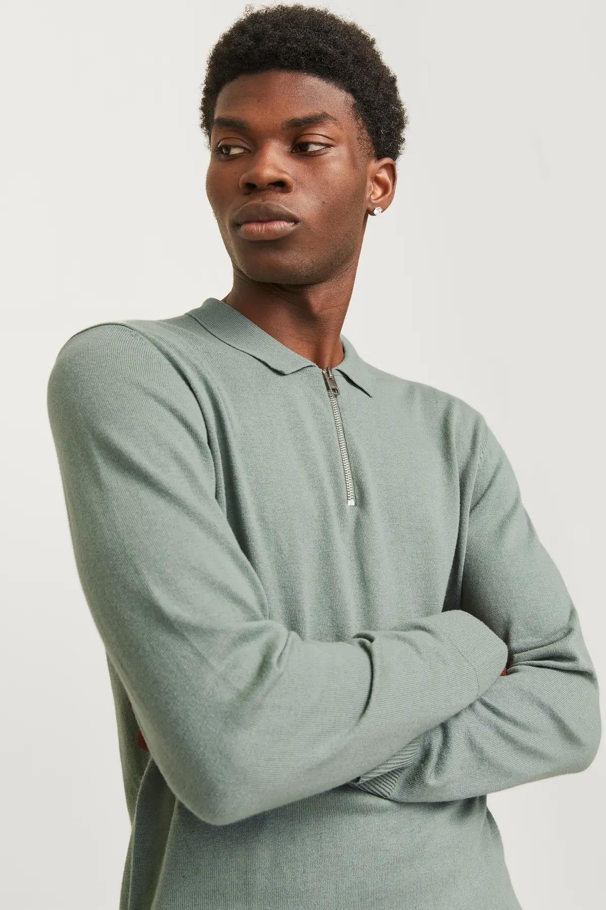 Jack & Jones Erkek Yarım Fermuarlı Polo Yaka Yeşil Kazak - 12268210 - Jack & Jones - 12268210-1