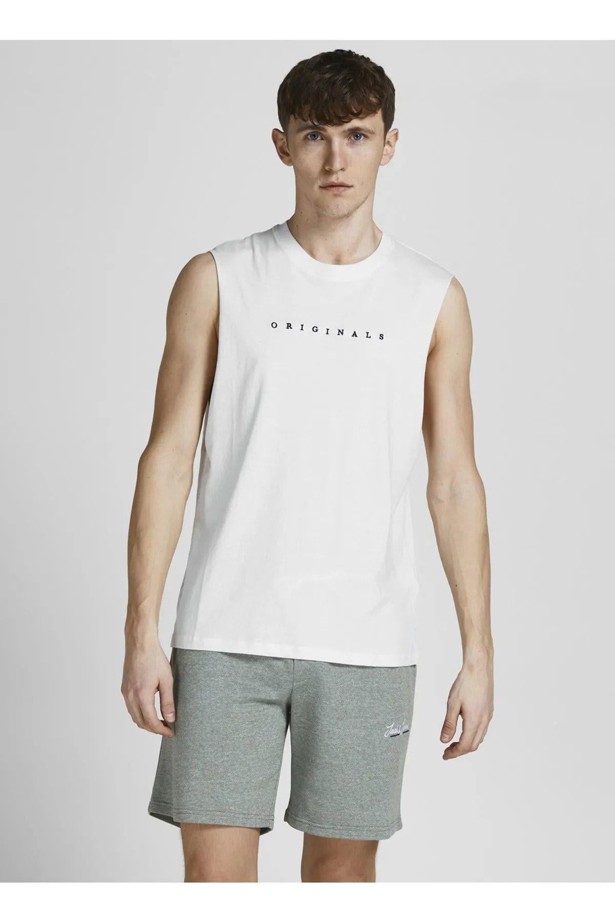 Jack & Jones Kolsuz Beyaz Erkek Pamuklu Kolsuz Spor Atlet T-shirt 12210016 - Jack & Jones - TYC00781821187