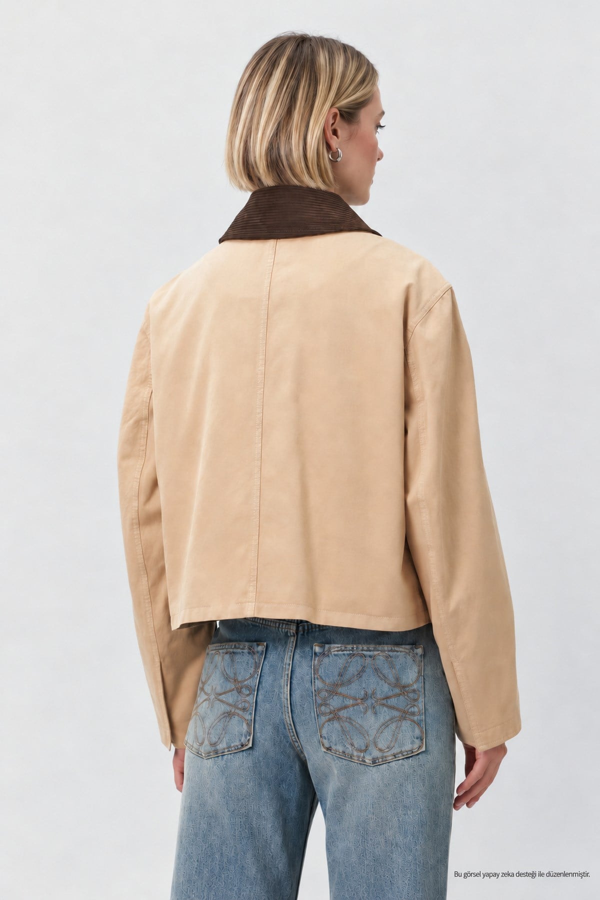 Kadın Trend Jacket Kadife Yaka Taş Relaxed Kot Ceket-00111467 - LaykMayk - 00111467