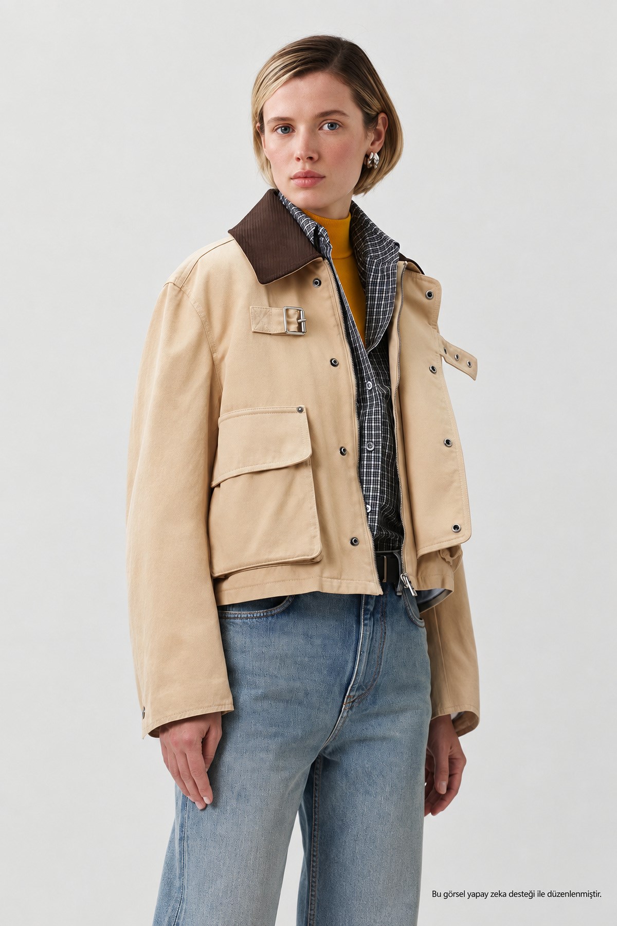 Kadın Trend Jacket Kadife Yaka Taş Relaxed Kot Ceket-00111467 - LaykMayk - 00111467