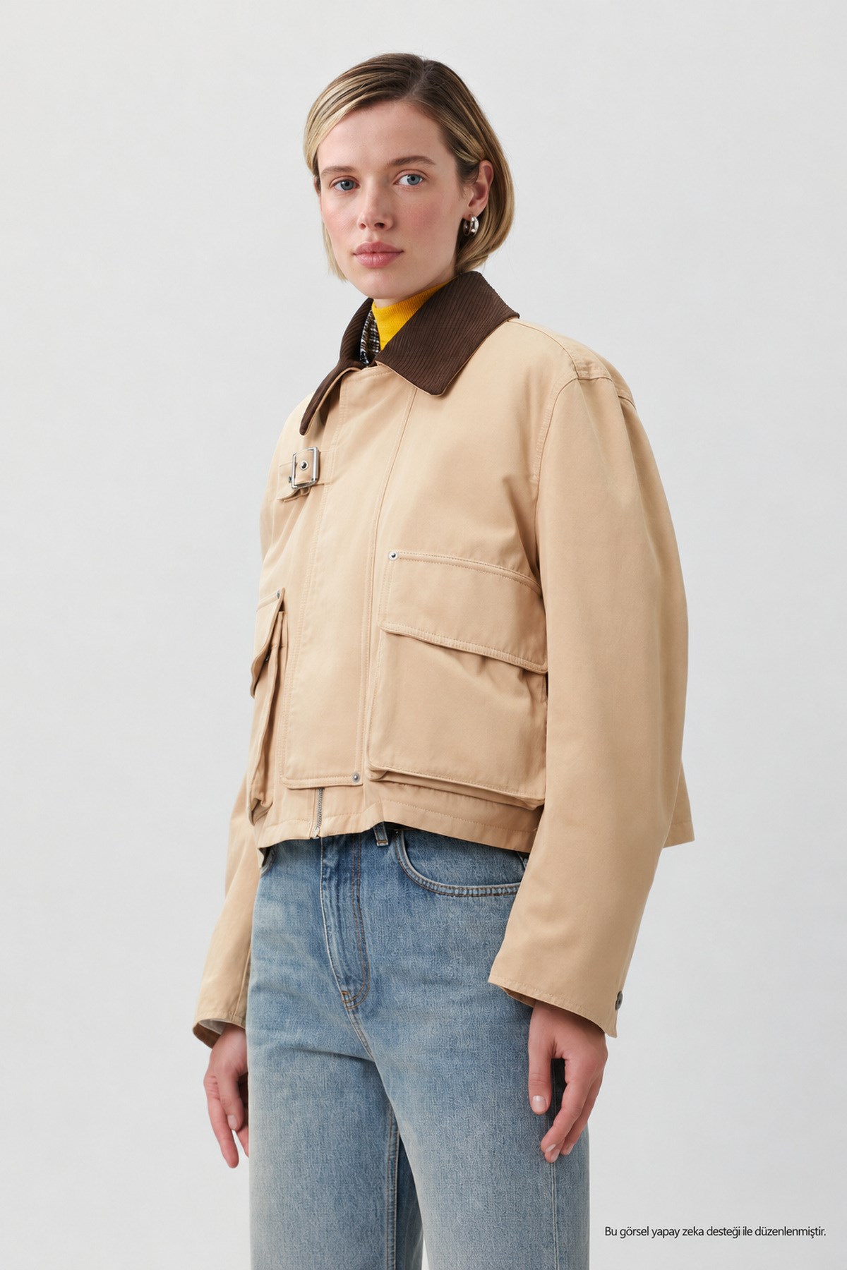 Kadın Trend Jacket Kadife Yaka Taş Relaxed Kot Ceket-00111467 - LaykMayk - 00111467