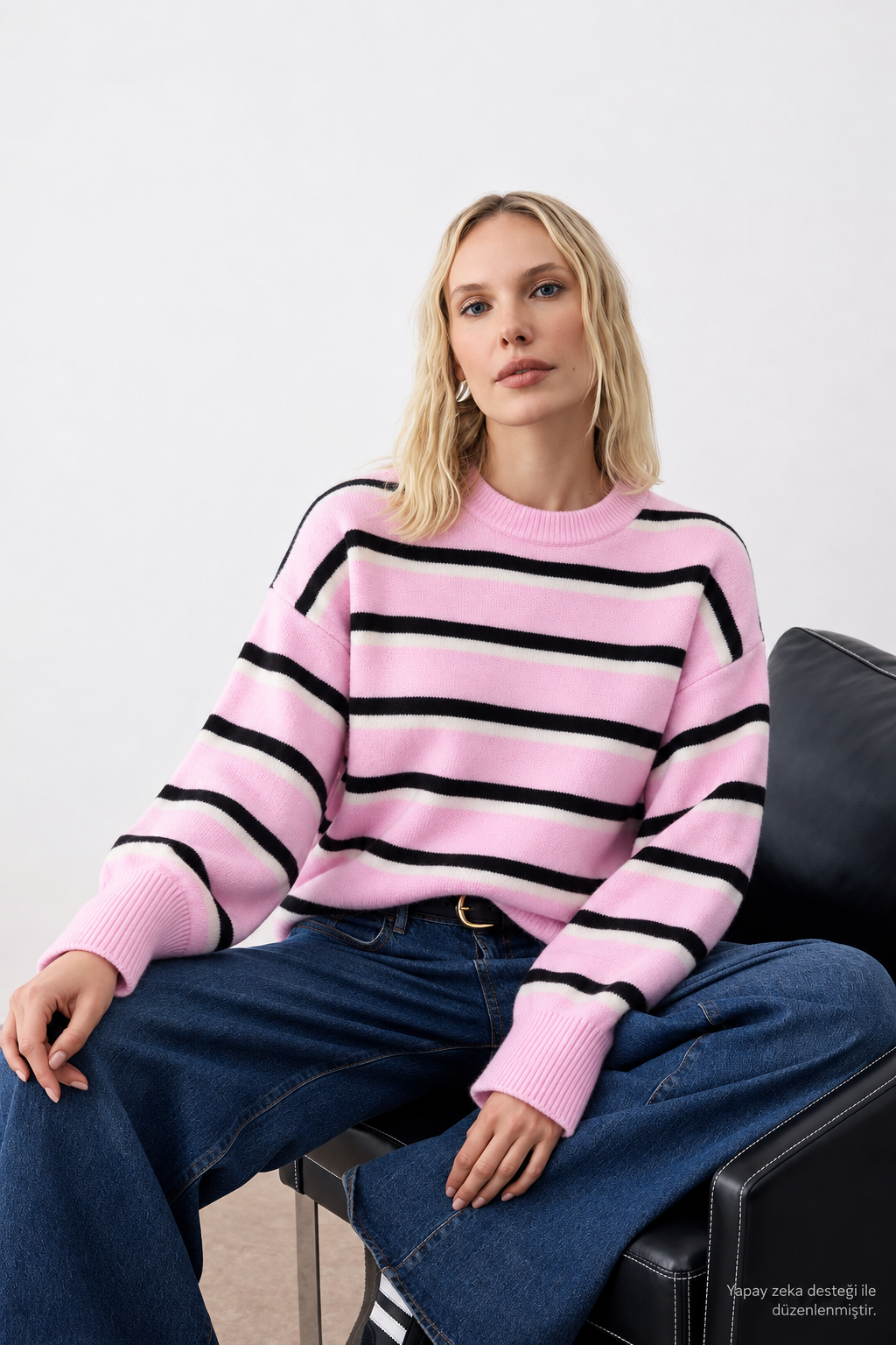 Layk Mayk Kadın Oversize Çizgili Yumuşak Dokulu Pembe Kazak-00553667 - Layk Mayk - 00553667