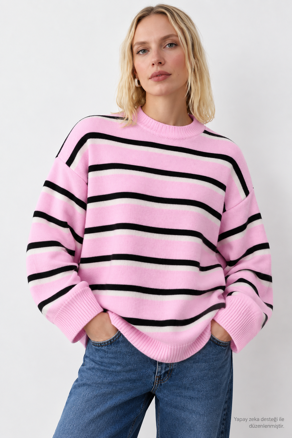 Layk Mayk Kadın Oversize Çizgili Yumuşak Dokulu Pembe Kazak-00553667 - Layk Mayk - 00553667