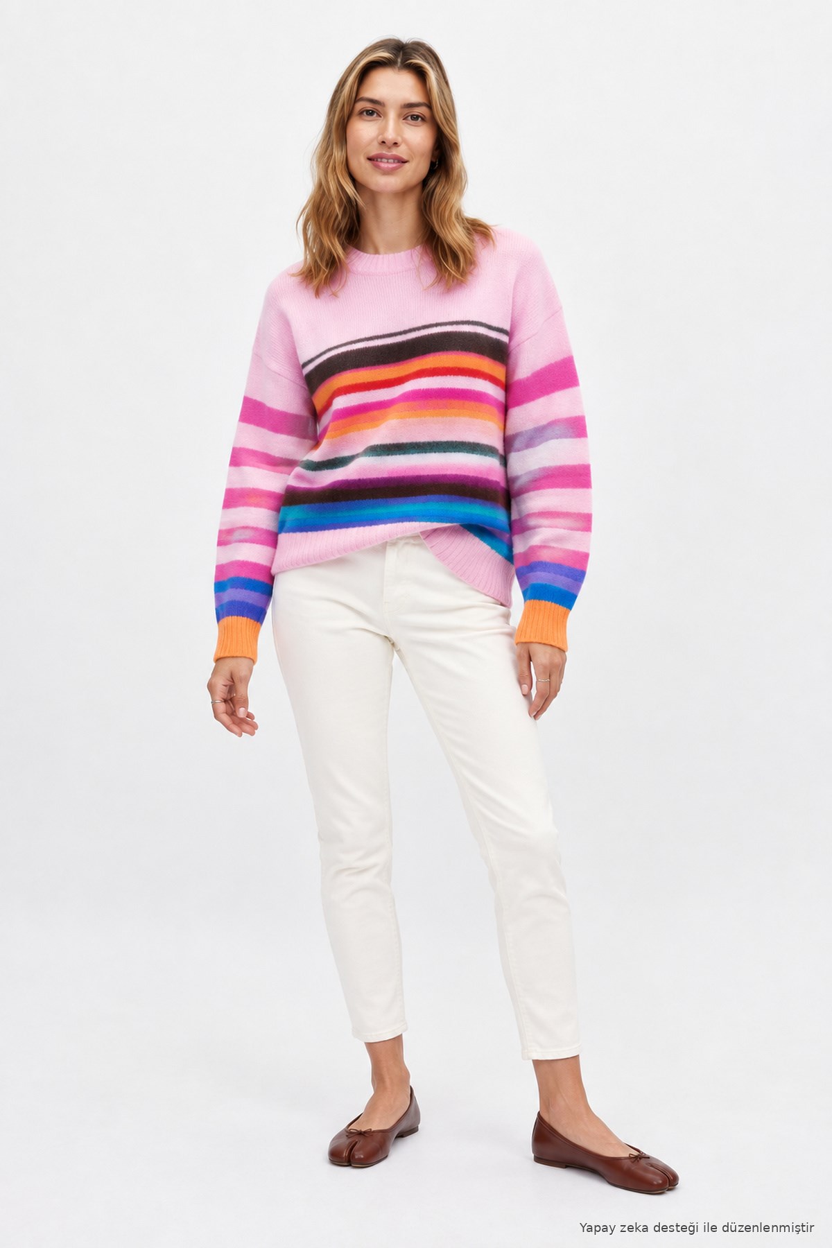 Layk Mayk Kadın Renkli Çizgili Oversize Pembe Yün Kazak-00559467 - Layk Mayk - 00559467