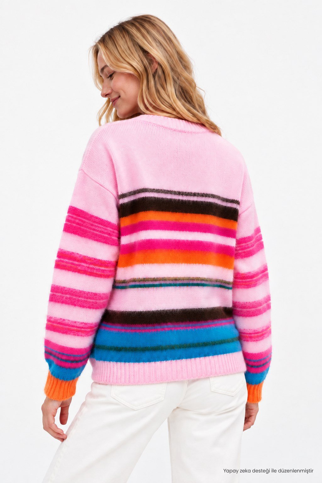Layk Mayk Kadın Renkli Çizgili Oversize Pembe Yün Hırka-00561167 - Layk Mayk - 00561167