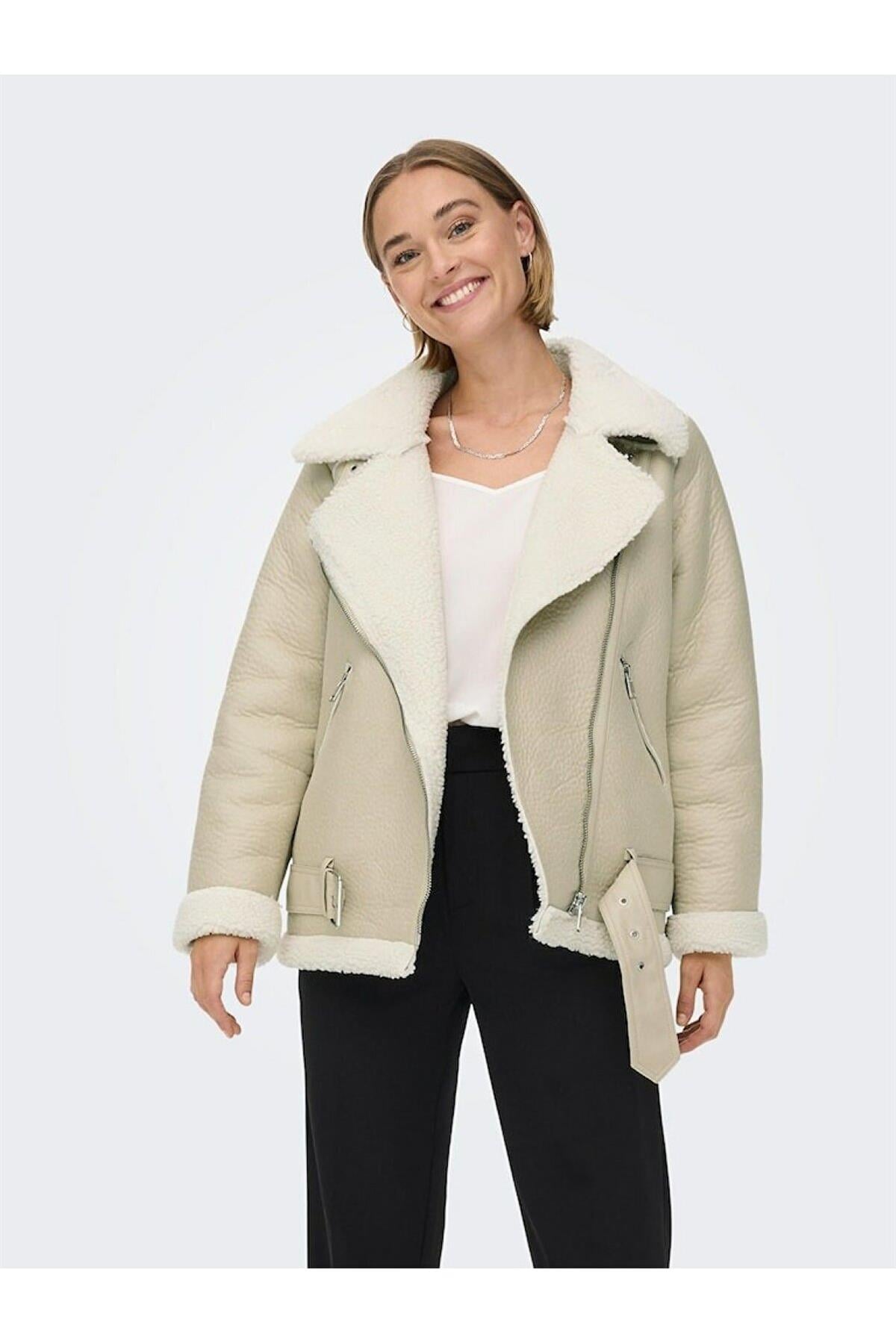 Only Faux Leather Bond Aviator Krem Kürk Kadın Mont - 15259949 - Only - TYC00577956039